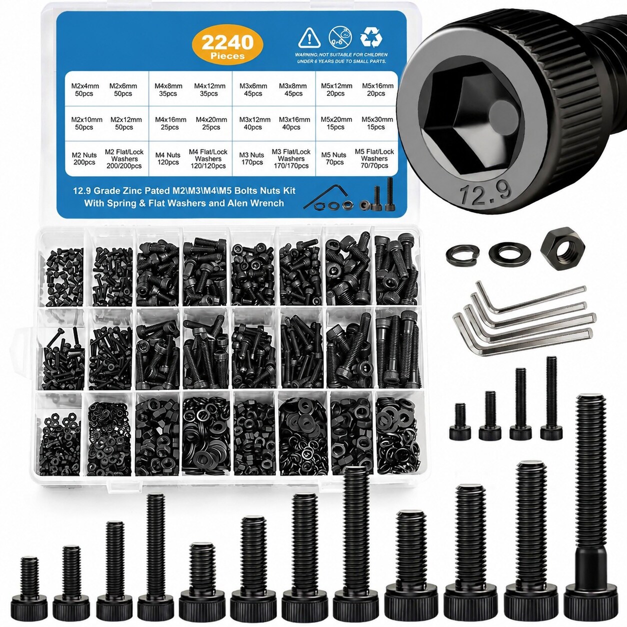 CYIKE  Metric Screw Assortment M2 to M5 Hex Socket Bolts Machine Screws 12.9 Grade Alloy Steel Black Zinc Plated with Allen Head Wrench