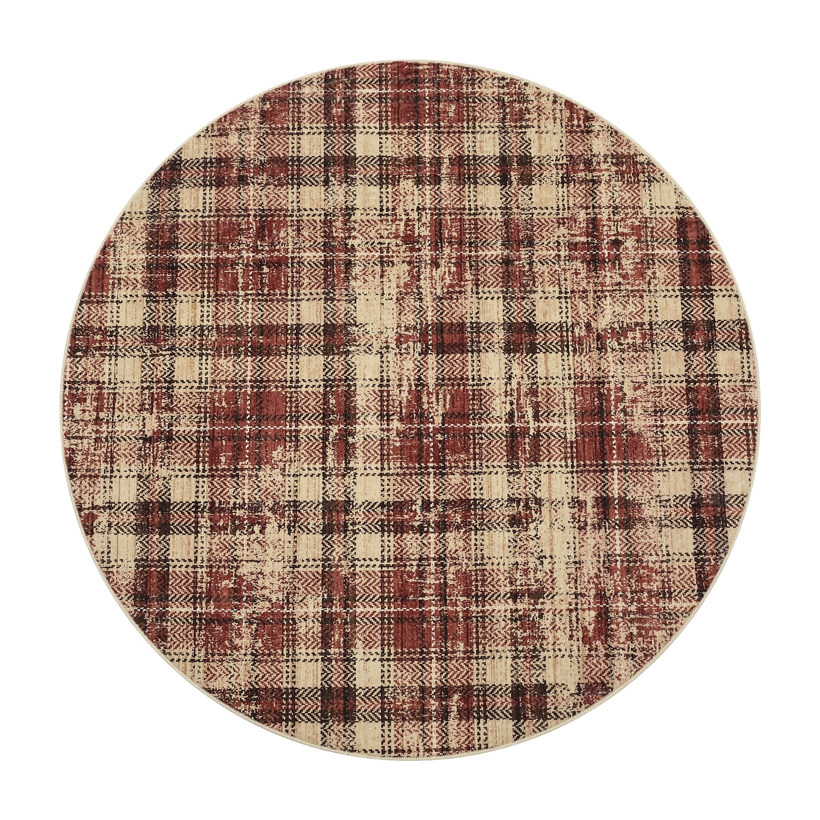 Garvee - 4 x 4 ft Red Round Polyester Modern Checkered Soft Low Pile Non Slip Indoor Modern Plaid...