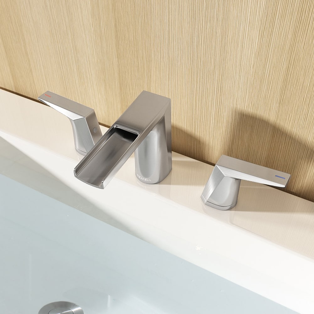 EZANDA 1431202 Diamond Brushed Nickel Widespread 2-handle Waterfall Residential Handle Bathroom Sink Faucet with Drain