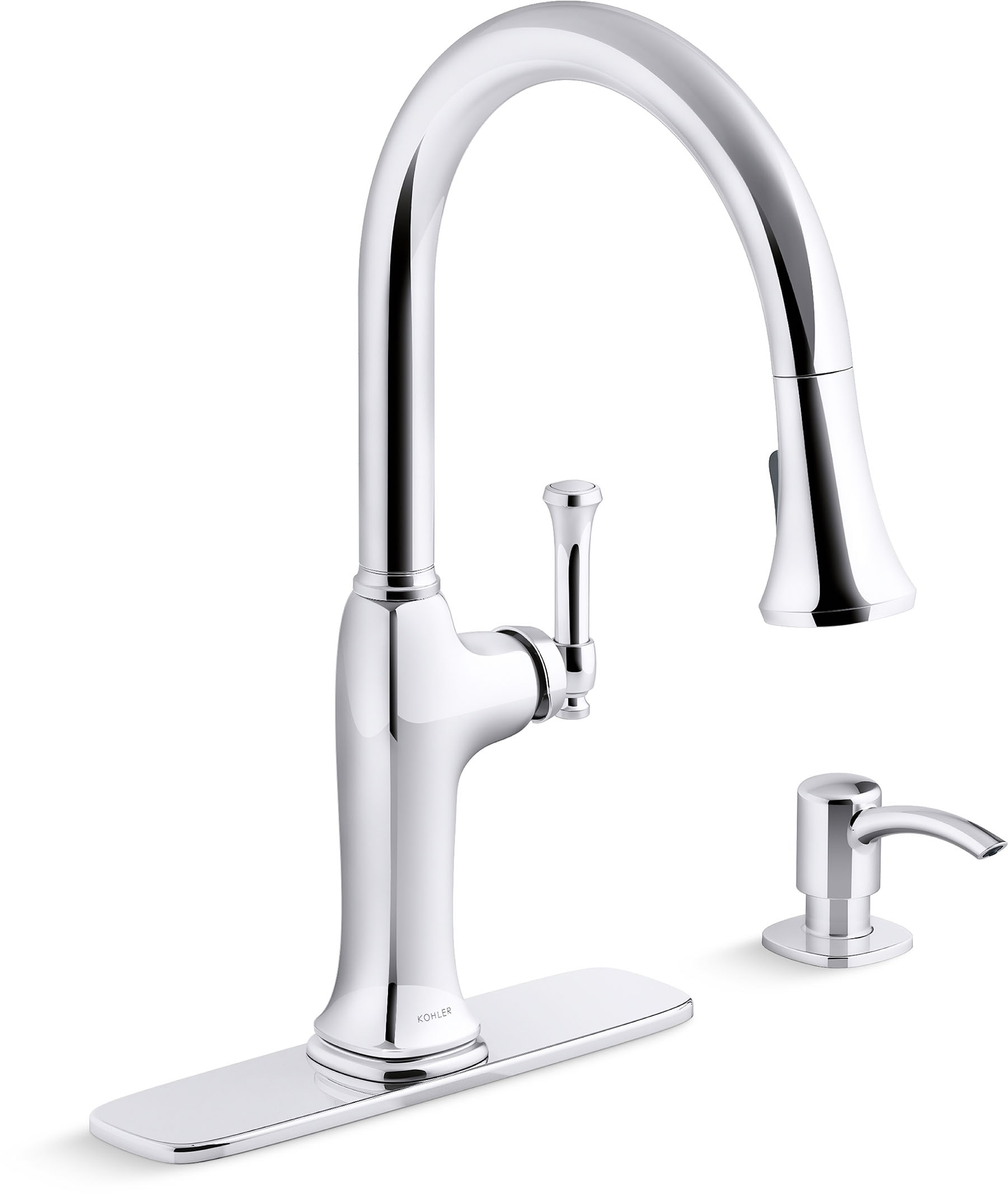 KOHLER R33393-SD-CP Kanan Polished Chrome Single Handle Deck-mount Kitchen Faucet with Sprayer ( Deck Plate Included ) (Soap Dispenser Included)