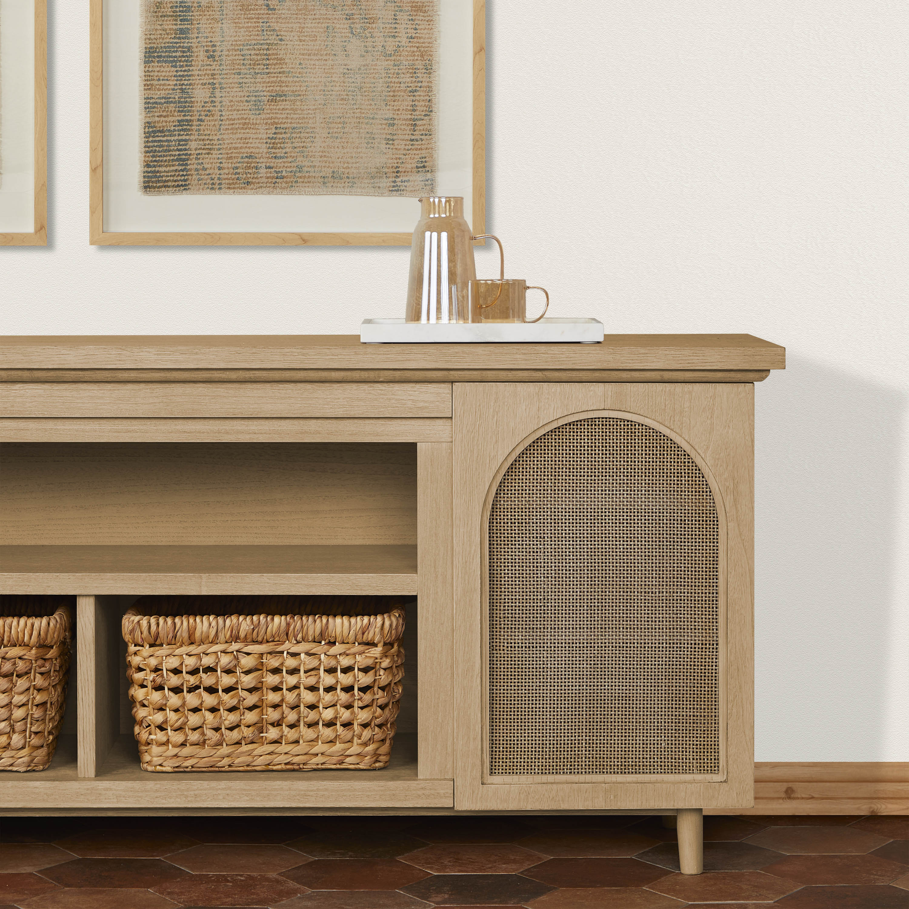 Dahlia 76" White Oak TV Stand with Fireplace and Cabinet