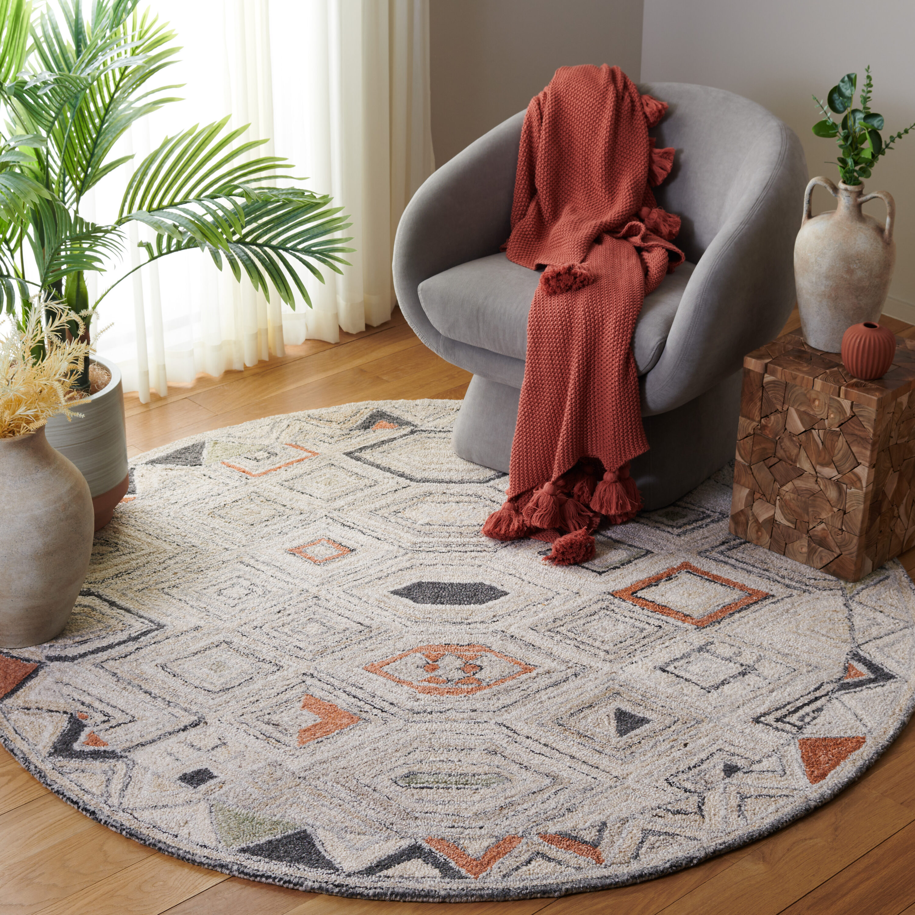  Marquee 124 Rust/Gray Global Inspired 6ft x 6ft Round Rug