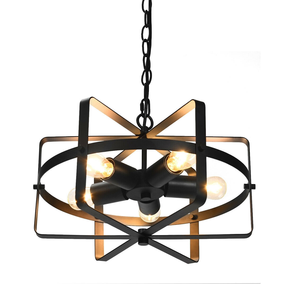Slickblue 5-Light Black Iron Drum Chandelier Glass Shade Round Adjustable 16-in Indoor Hardwired Pendant Light