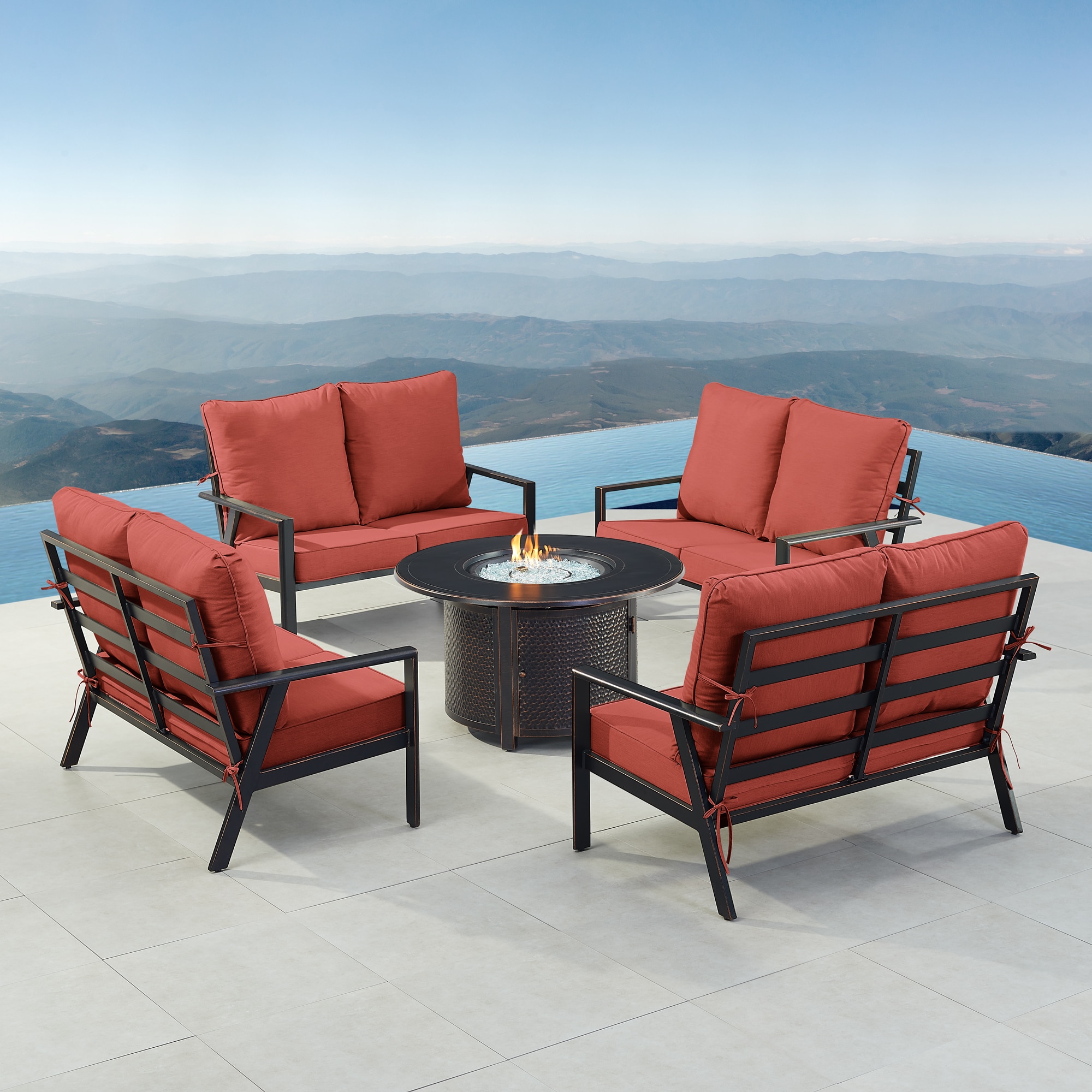 Oakland Living LUX4LSMATERARDCUIBA Fire Pit Table Set, Four Loveseats, Wind Guard and Ice Bucket 22 -Piece Patio Conversation Set with Red Cushions