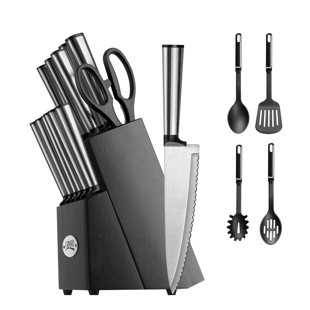 Ginsu Kiso Dishwasher Safe Black 18 Piece Knife Set - Stainless Steel Blades,  Scalloped Serration, No Sharpening Needed, Wood Block Included in the  Cutlery department at