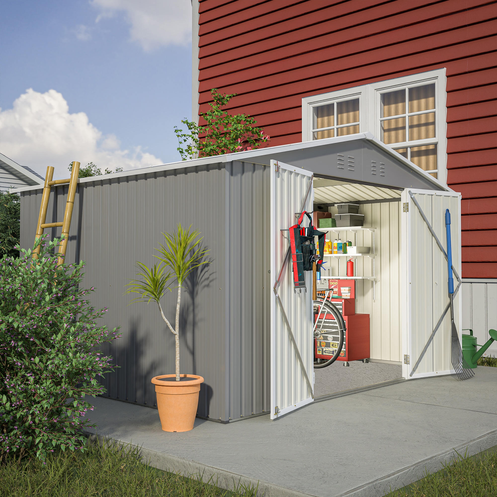 LOVMOR SF-H-W2505S00027 10x8 All Weather Galvanized Steel Storage Shed Bike Lawn Tool Garbage Pet House