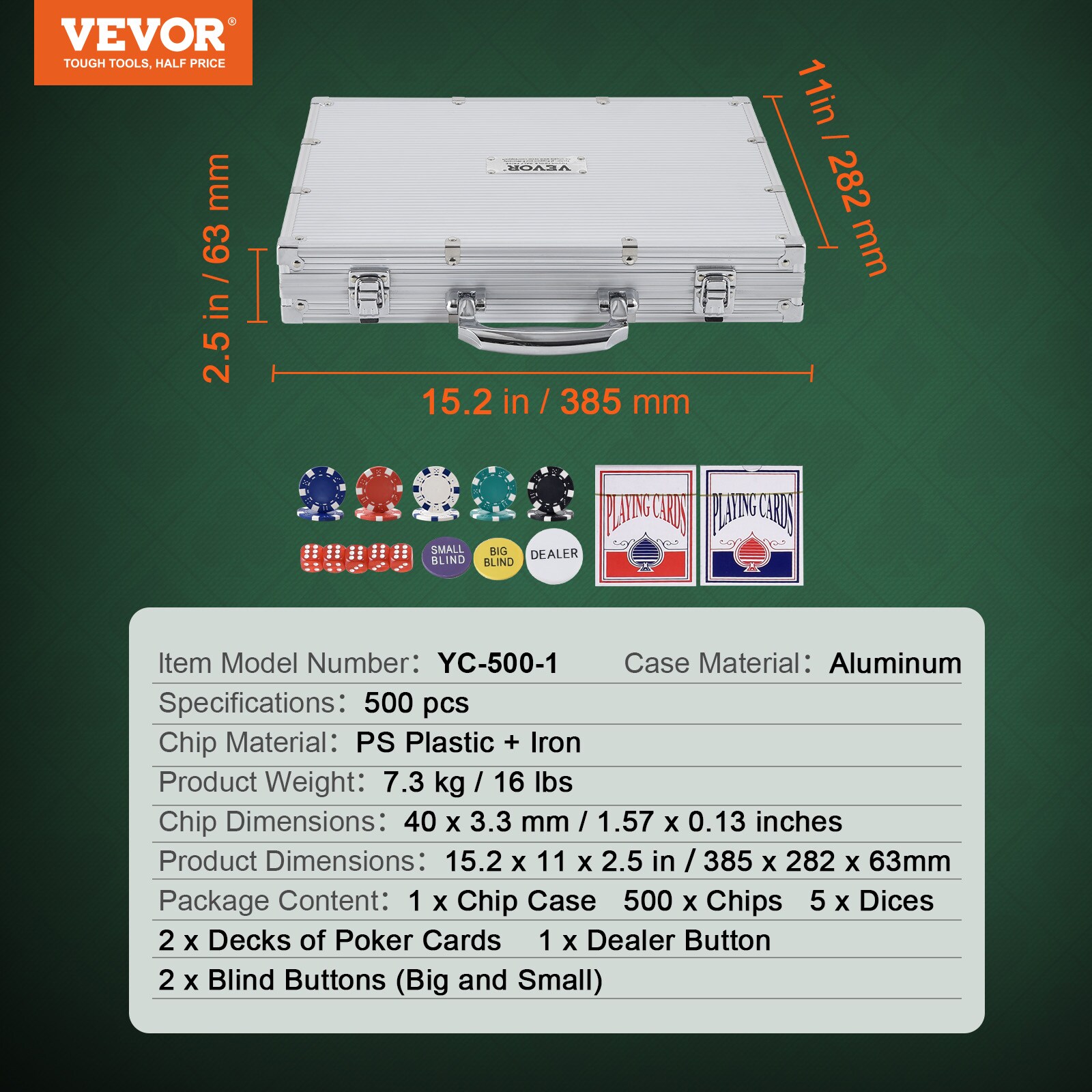 VEVOR Large Print 500 Pcs Poker Chip Set Aluminum Playing-Card in the ...