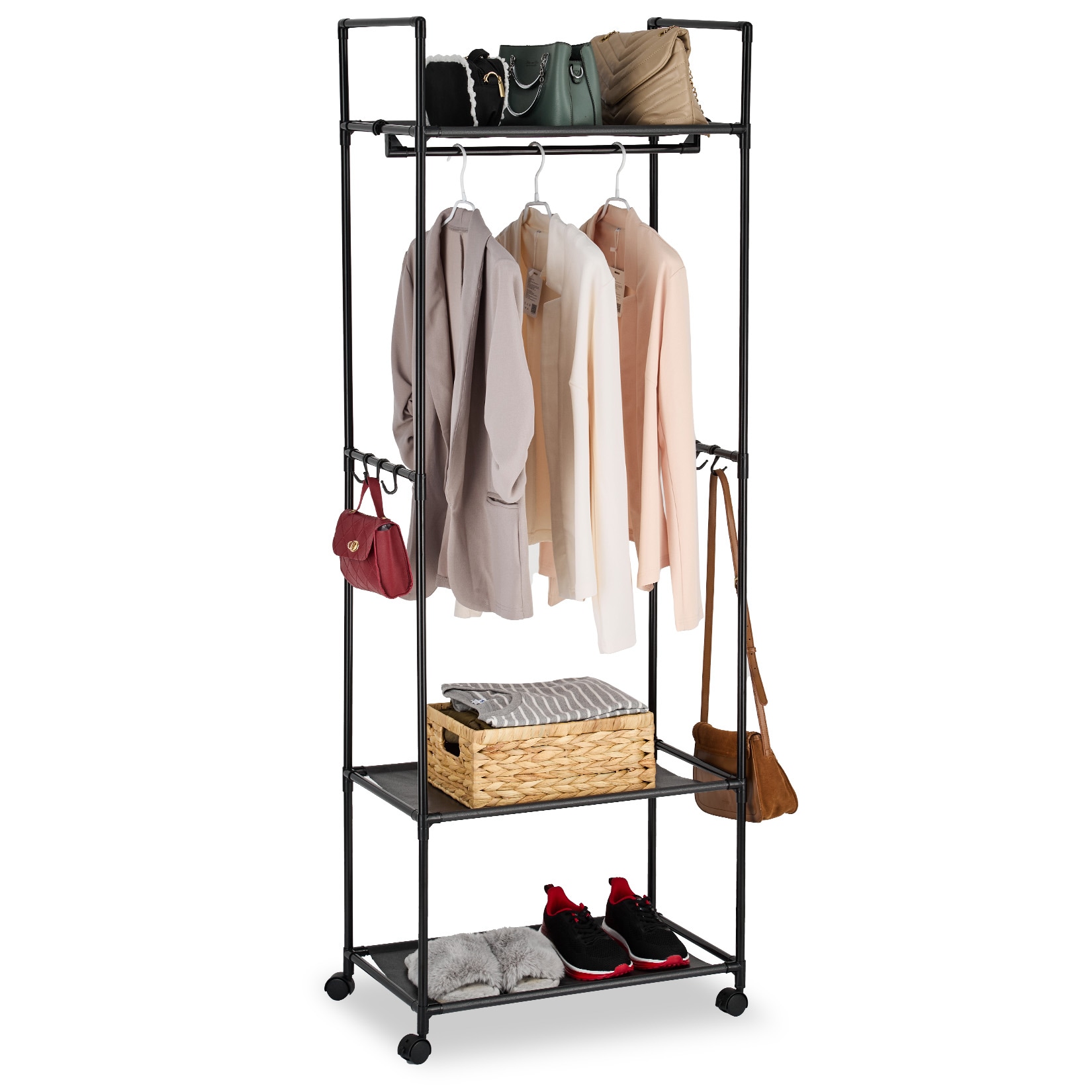 Garvee 3-in-1 Rolling Clothes Rack with Wheels 68 Inch Garment Rack Carbon Steel Wardrobe Organizer with Storage Shelves and Hooks for Bedroom Entryway Black
