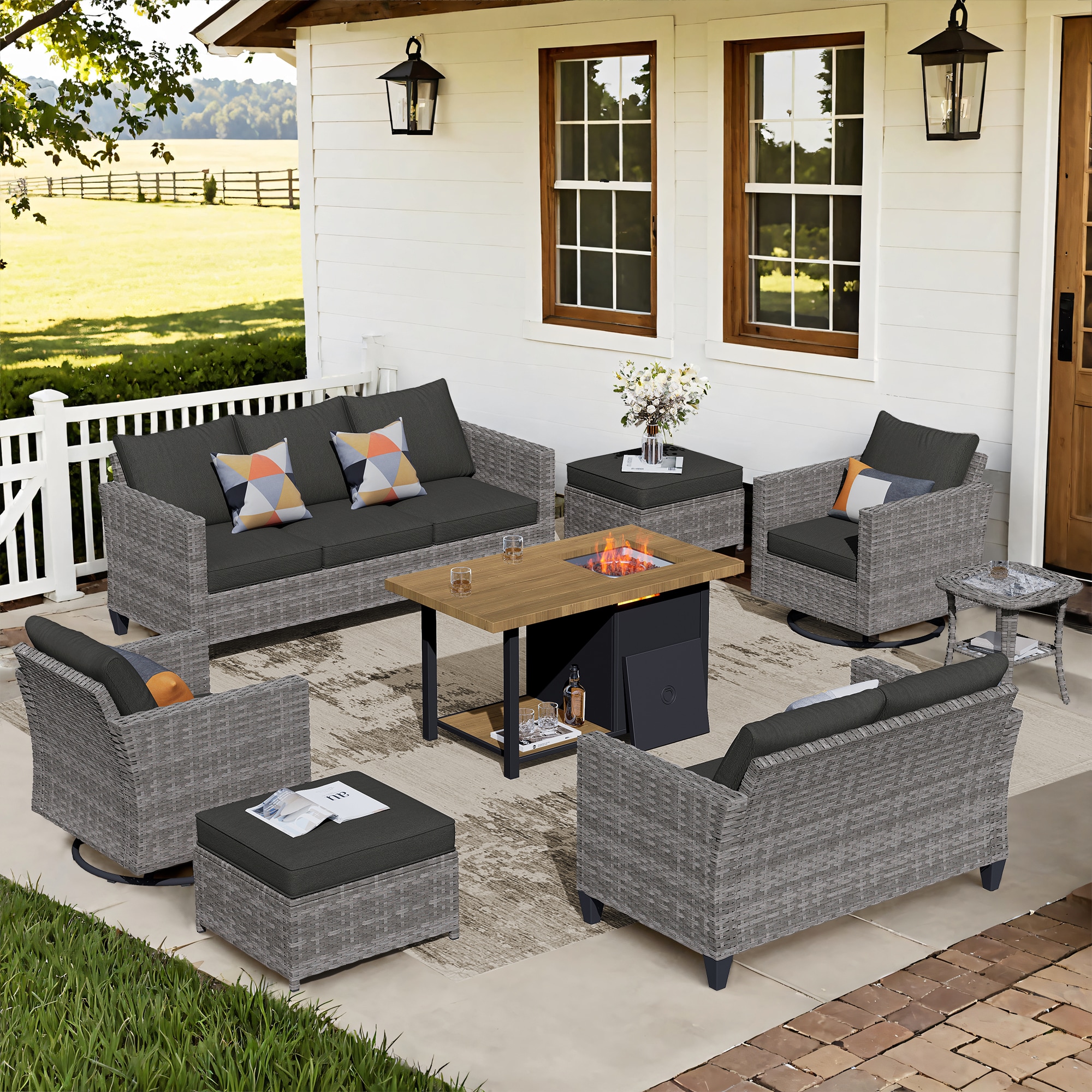XIZZI XIXSQF1185-RC3DFP Lullaby 8-Piece Rattan Patio Sofa Conversation Set with Black Cushions