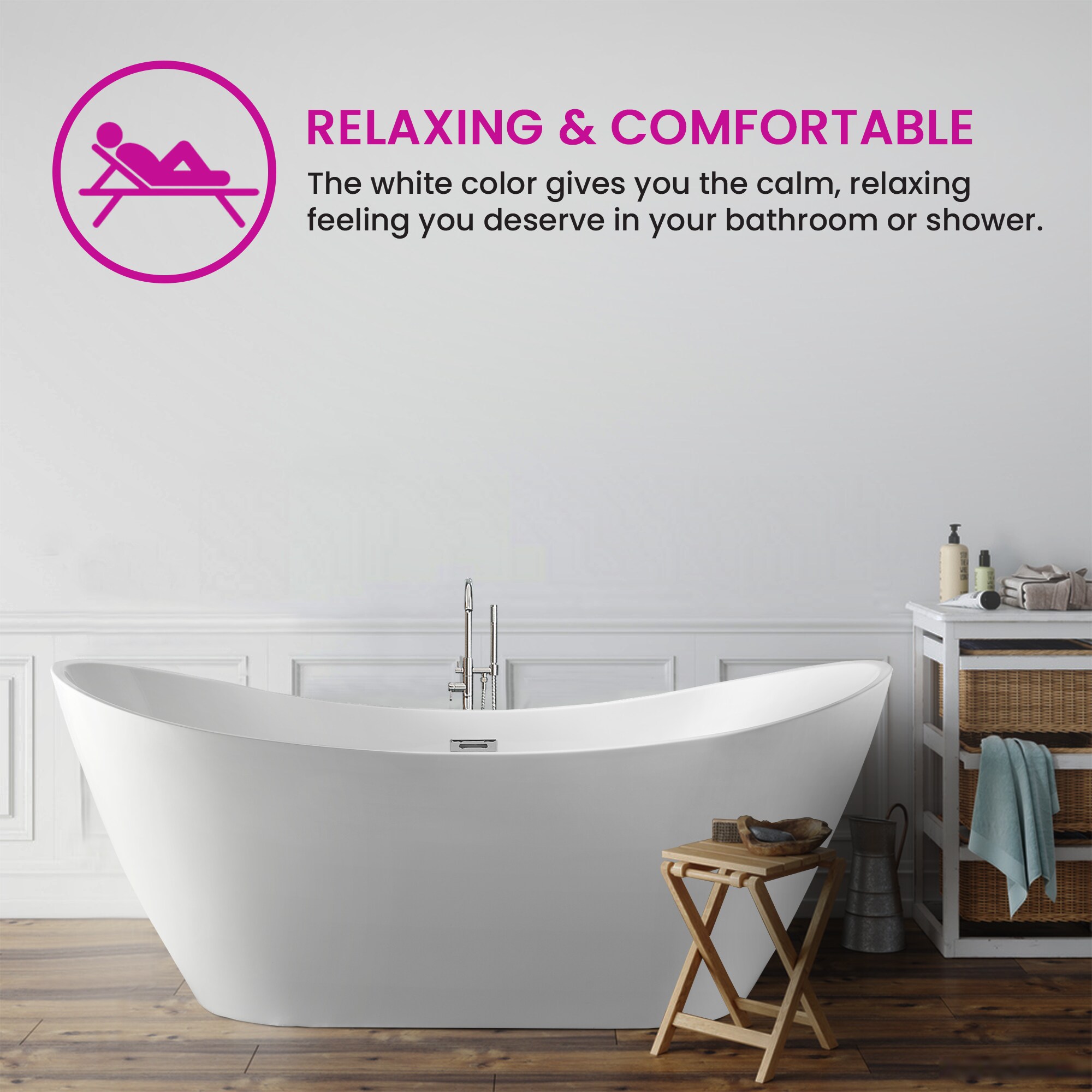 White Acrylic 71" Freestanding Soaking Bathtub with Chrome Drain