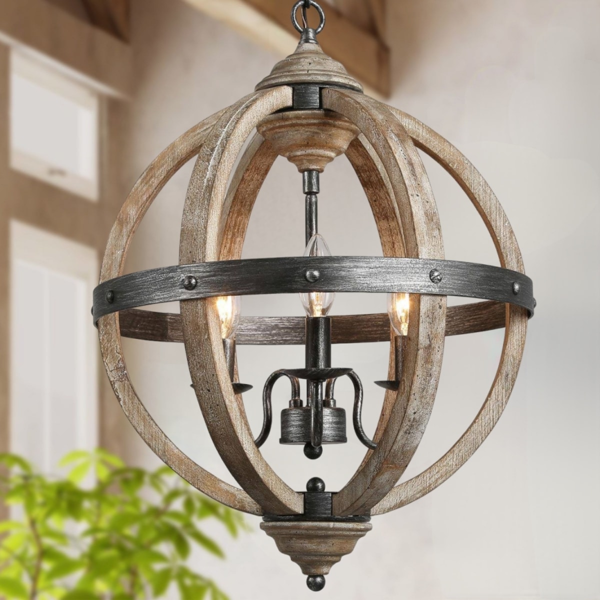 LNC RV6ZABLWS3555T6 Globe 3 -Light Distressed Black Farmhouse Cage Wood For Use in Bedrooms, Dining Rooms, Foyers, Kitchens, Living Rooms Chandelier