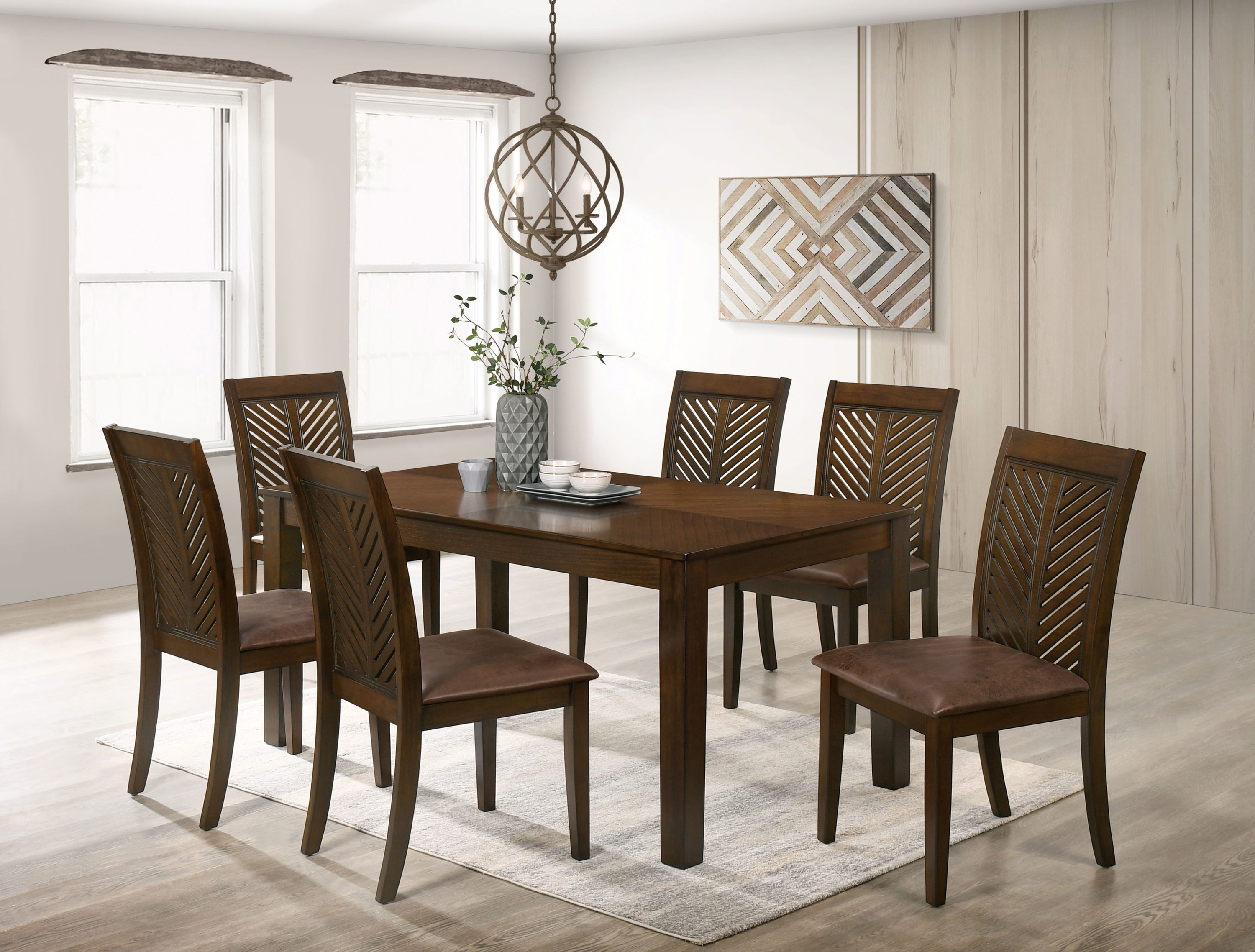 Furniture of America IDF-3490T-7PC Huffe Walnut Transitional Dining Room Set with Rectangular Table ( Seats 6 )