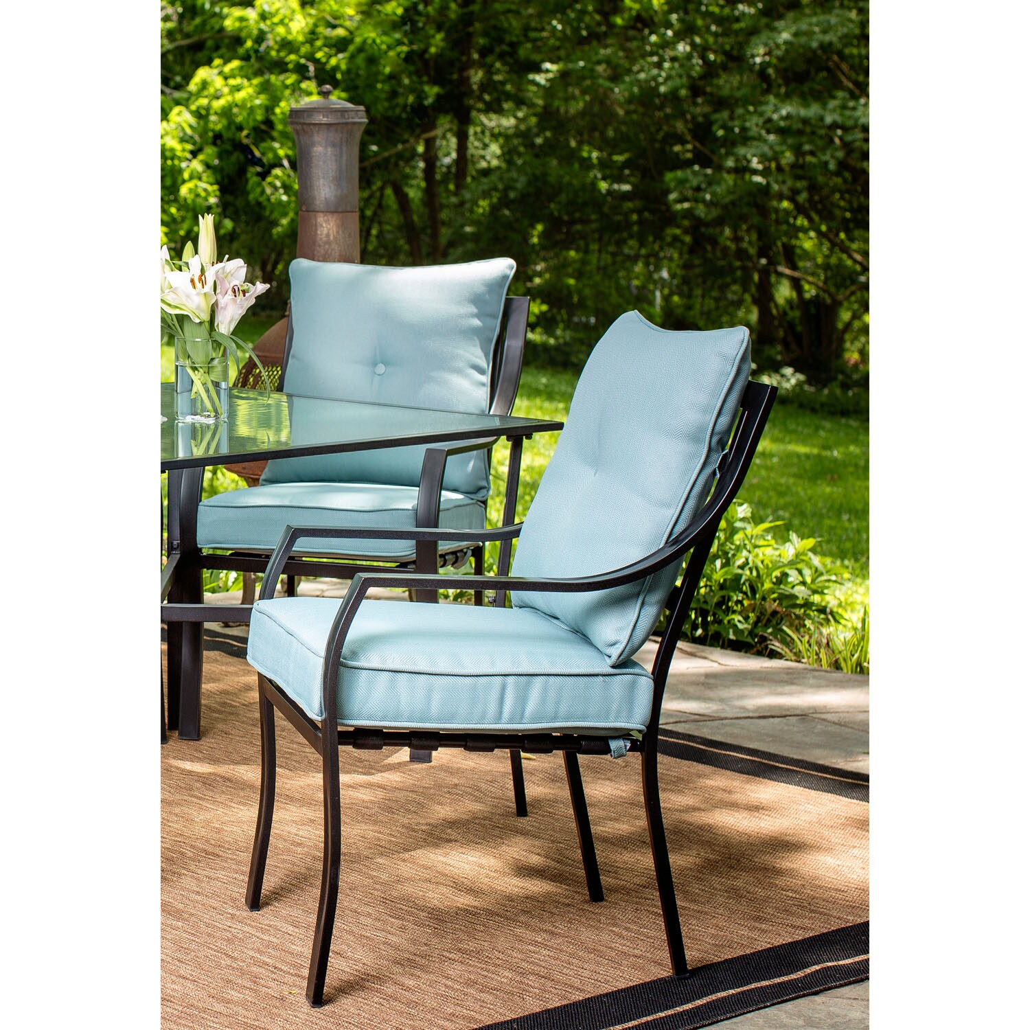 Lavallette 7-Piece Black Steel Outdoor Dining Set with Blue Cushions