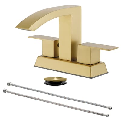 WELLFOR Brushed Gold 4-in centerset 2-handle Waterfall Commercial/Residential Handle Bathroom Sink Faucet with Drain with Deck Plate