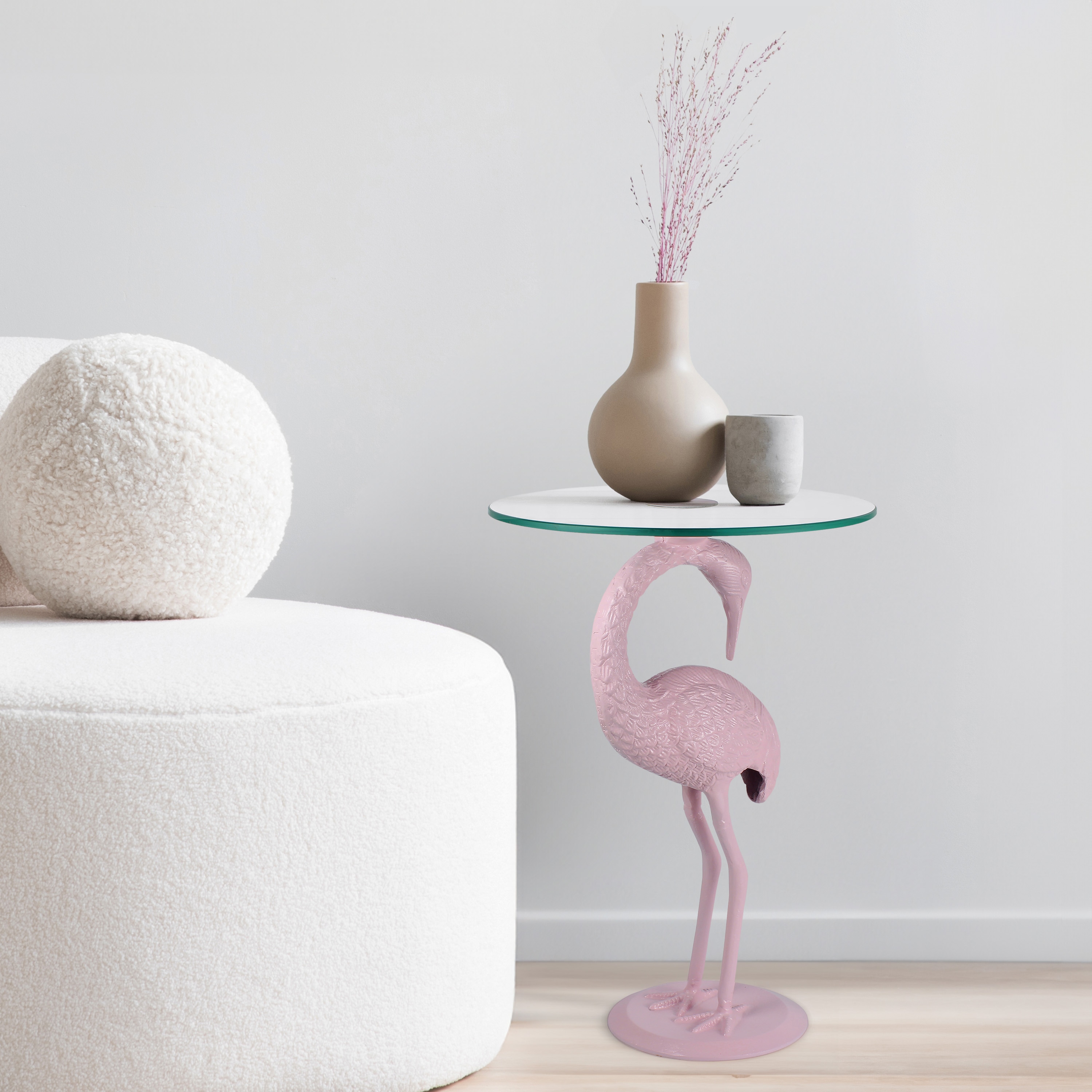 JONATHAN  Y END1006A Blanche Classic Mid-Century Glass Top Flamingo 16-Inches W x 25-Inches H Pink/Clear Glass Round Eclectic End Table Assembly Required