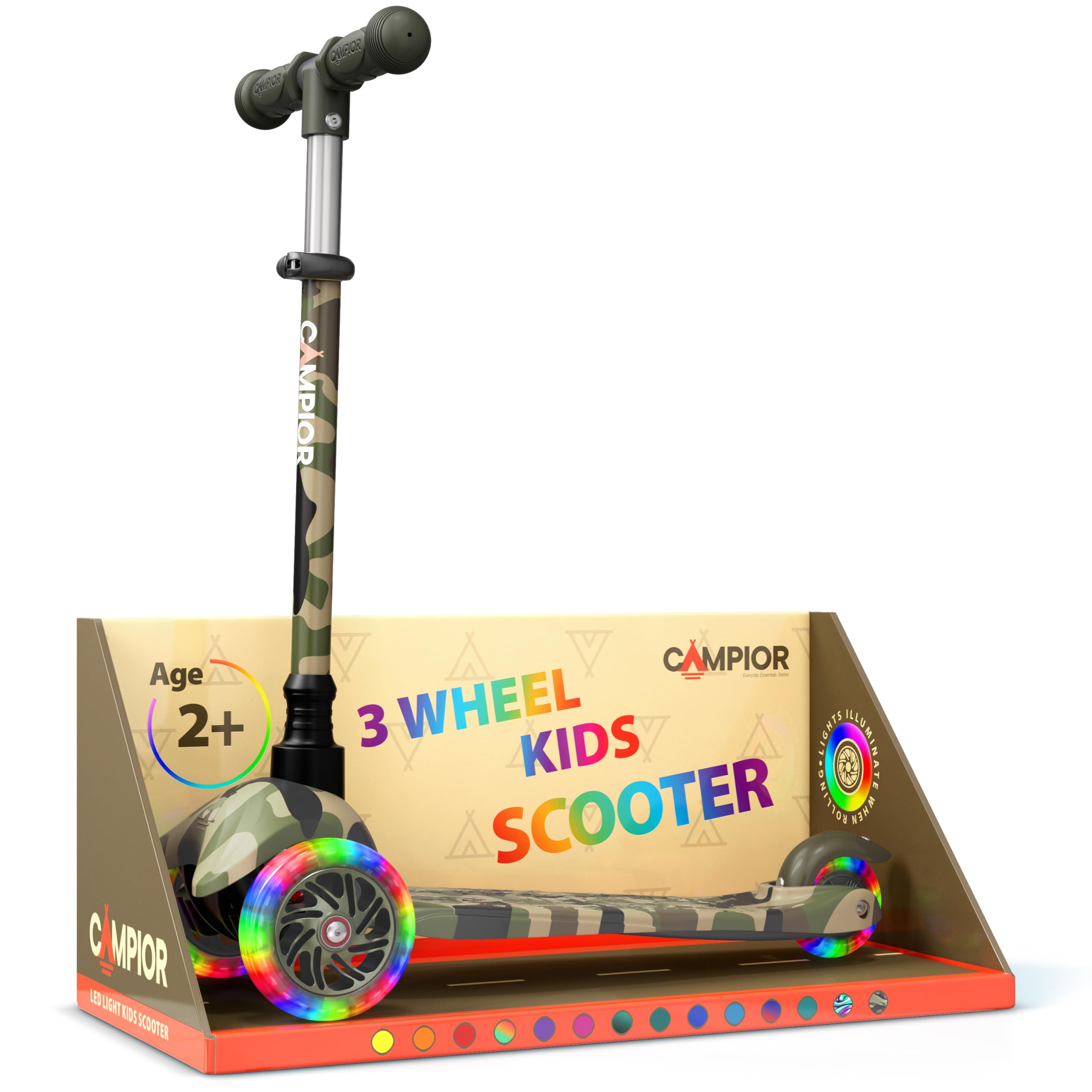 Campior Camo 3 Wheel Kids Scooter Lean to Steer LED Light Up Wheels Adjustable Handlebar Rear Foot Brake Ages 2 Plus