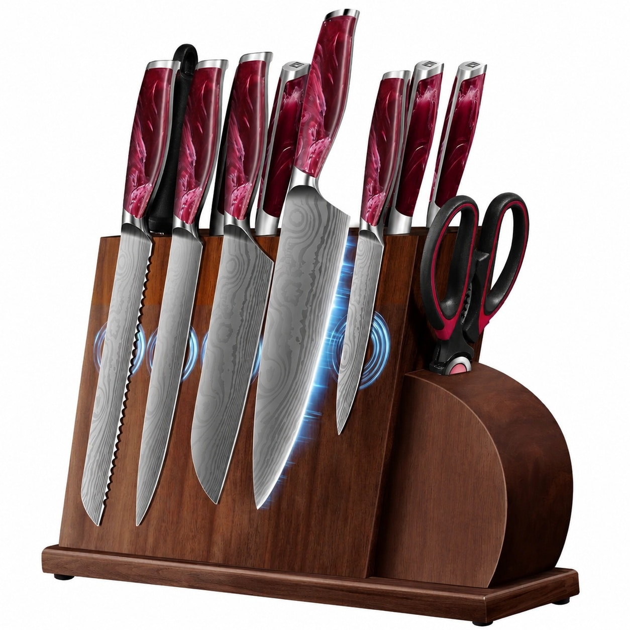 LILILIAN FMY  14 Pcs Kitchen Knives Set with Magnetic Block and Sharpener High Carbon Stainless Steel Damascus Pattern Ergonomic Handle Red