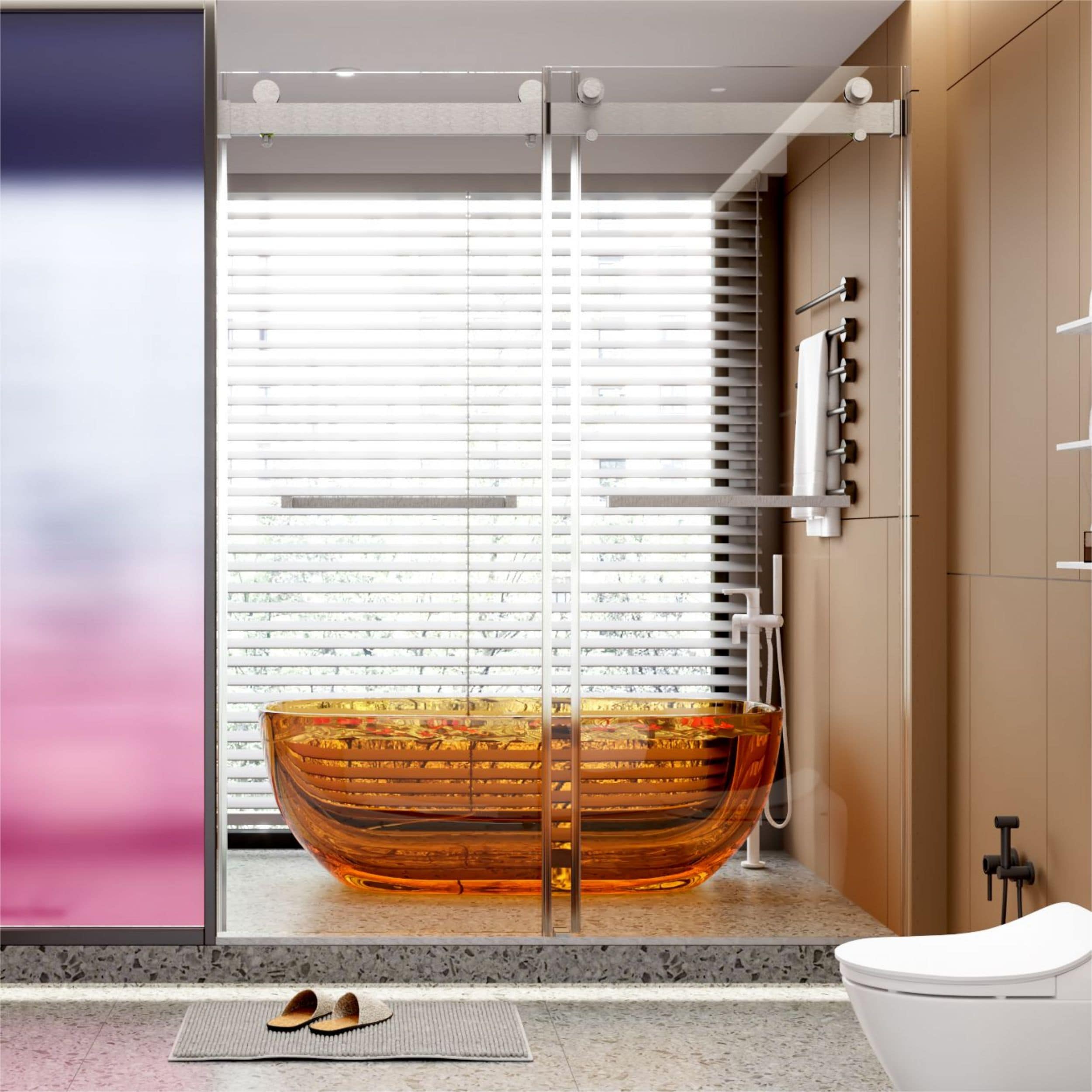 WELLFOR Double Sliding Brushed Nickel 56-in to 60-in W x 76-in H Frameless Clear Glass Buttress Sliding Soft Close Shower door