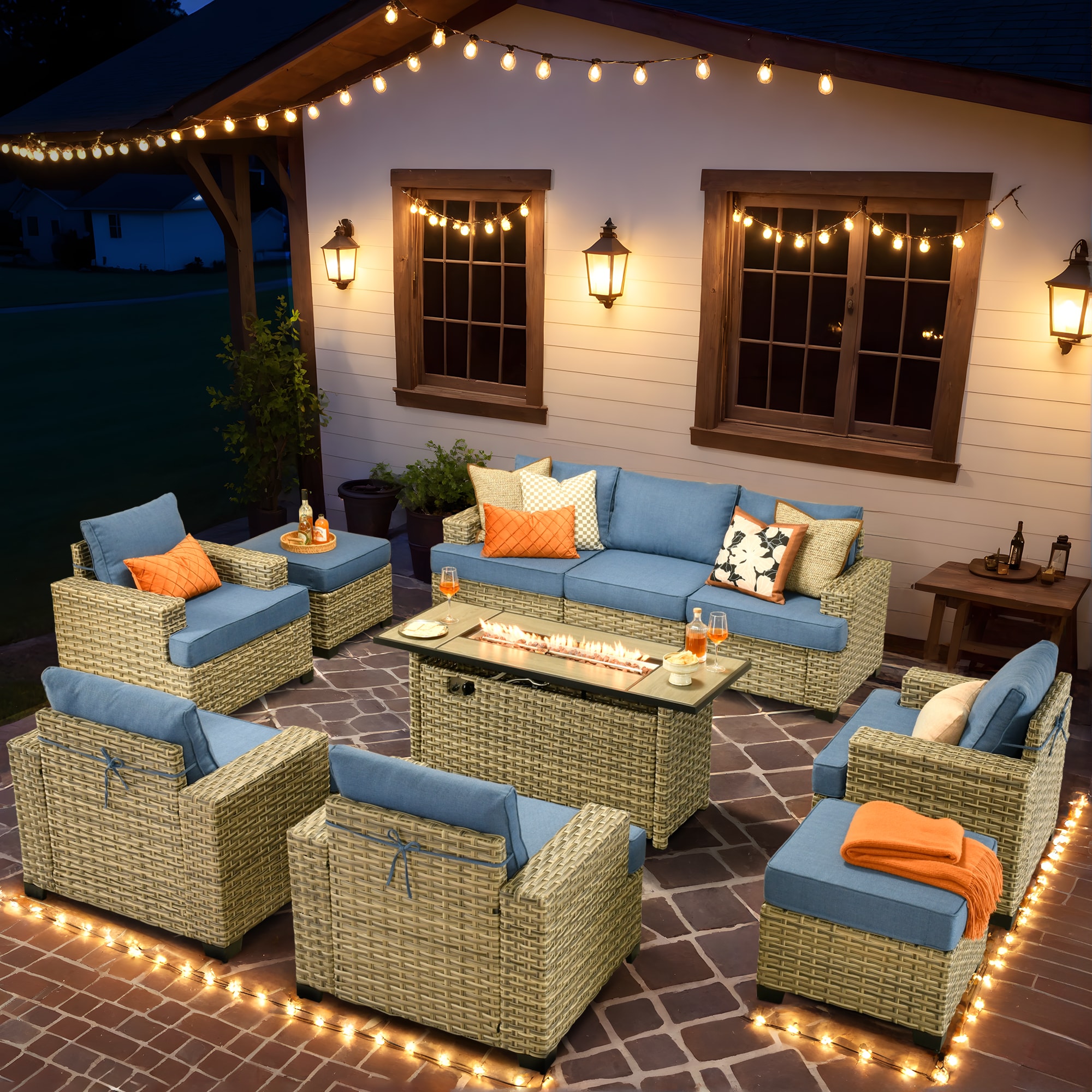 Ovios RFP504-TS509 10 -Piece Rattan Patio Sofa Conversation Set with Blue Cushions