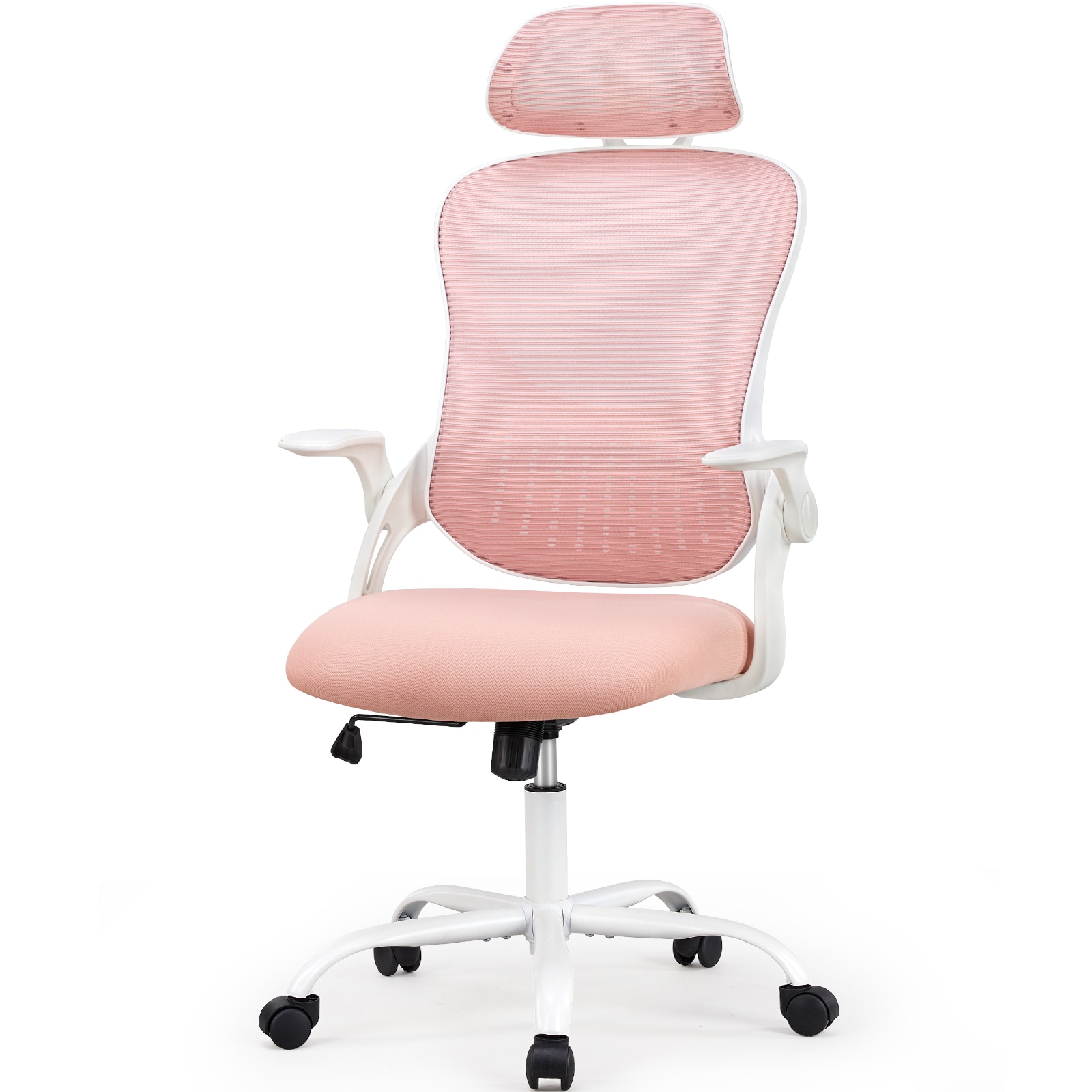 EXTRAUP YHLW2201P185467 Pink Contemporary Ergonomic Adjustable Height Swivel Foam Headrest Chair