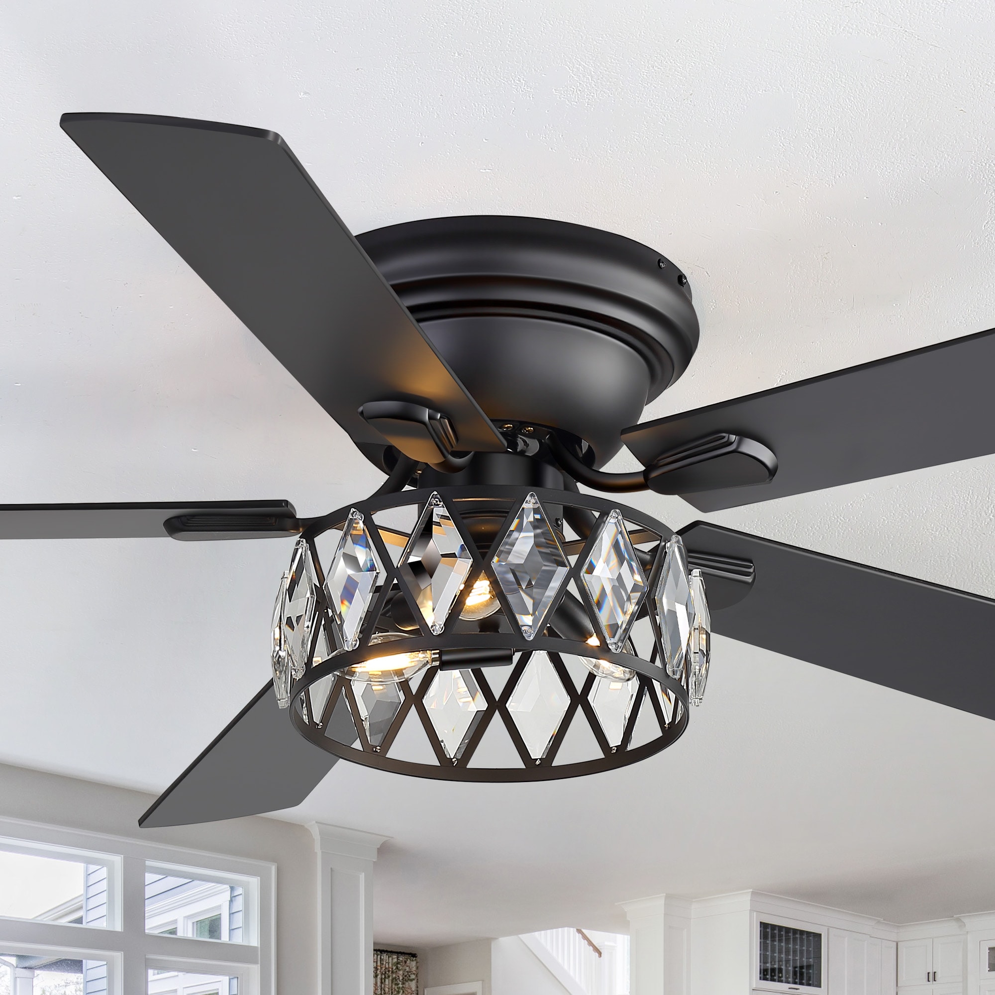 Flashwind 52-in Matte Black Crystal Ceiling Fan With E12 Light Kit and Remote Control Included 5-Blade