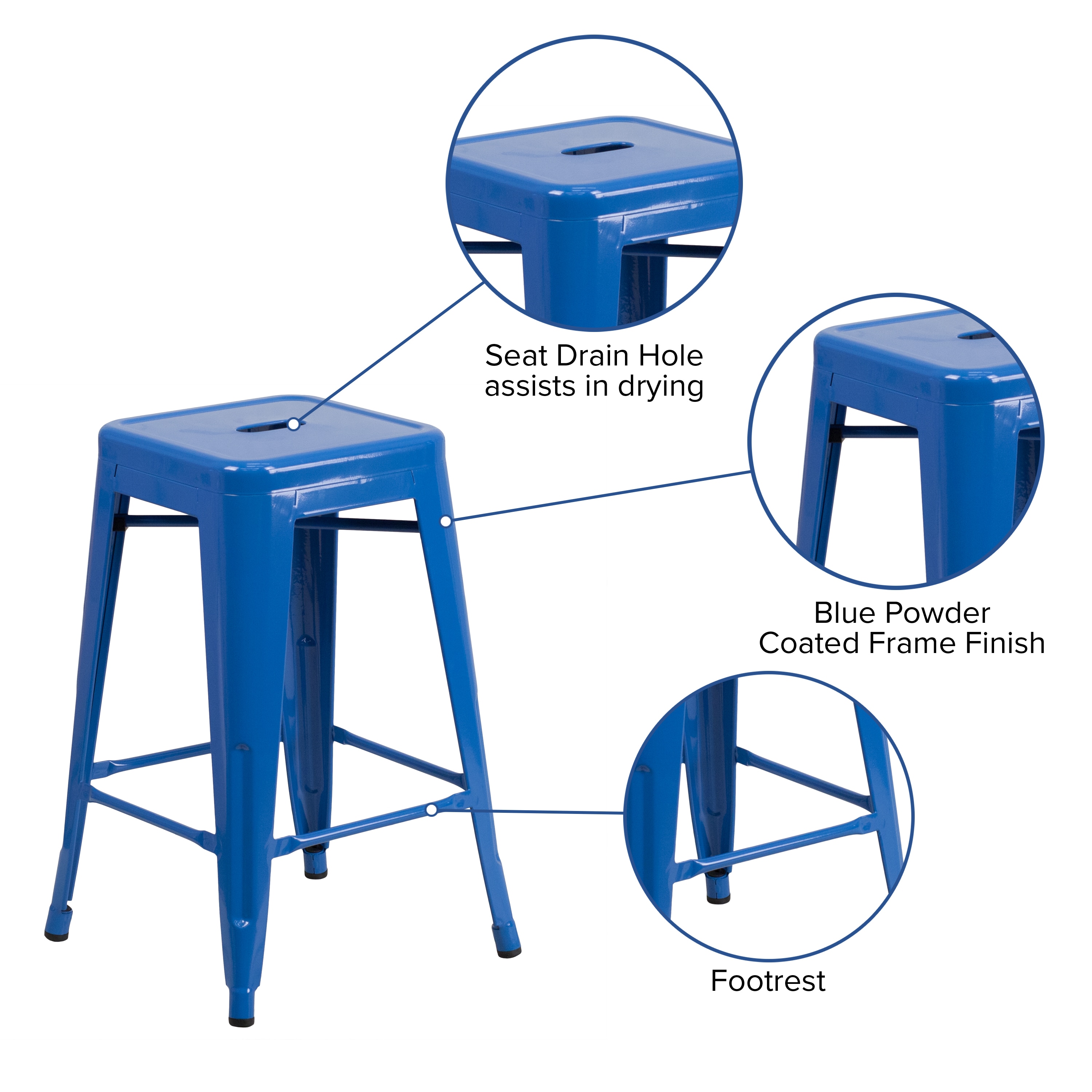 24" Blue Metal Backless Stackable Counter Stool