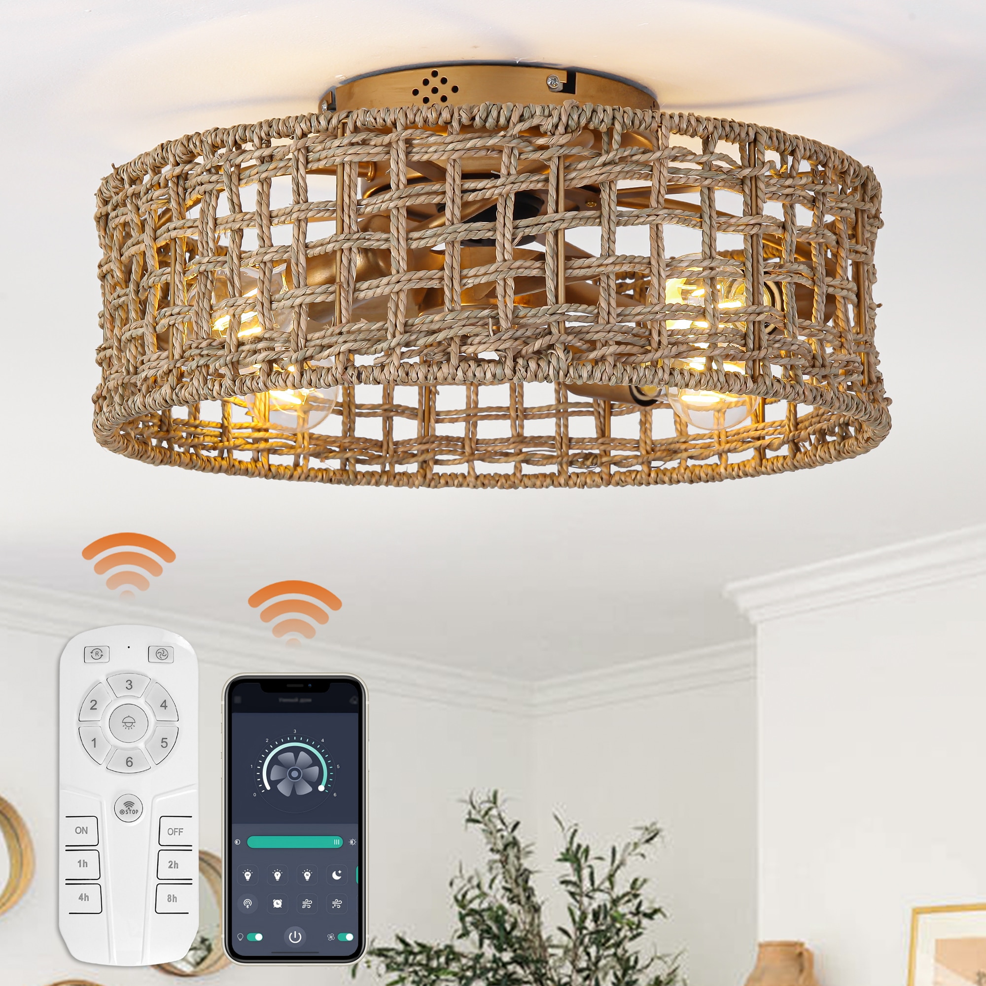 Matrix Decor MDBBF3002 17.7-in Flush Mount Smart Gold with Gold Blades Fandelier Ceiling Fan With Light - Remote Included ( 5 -Blade )