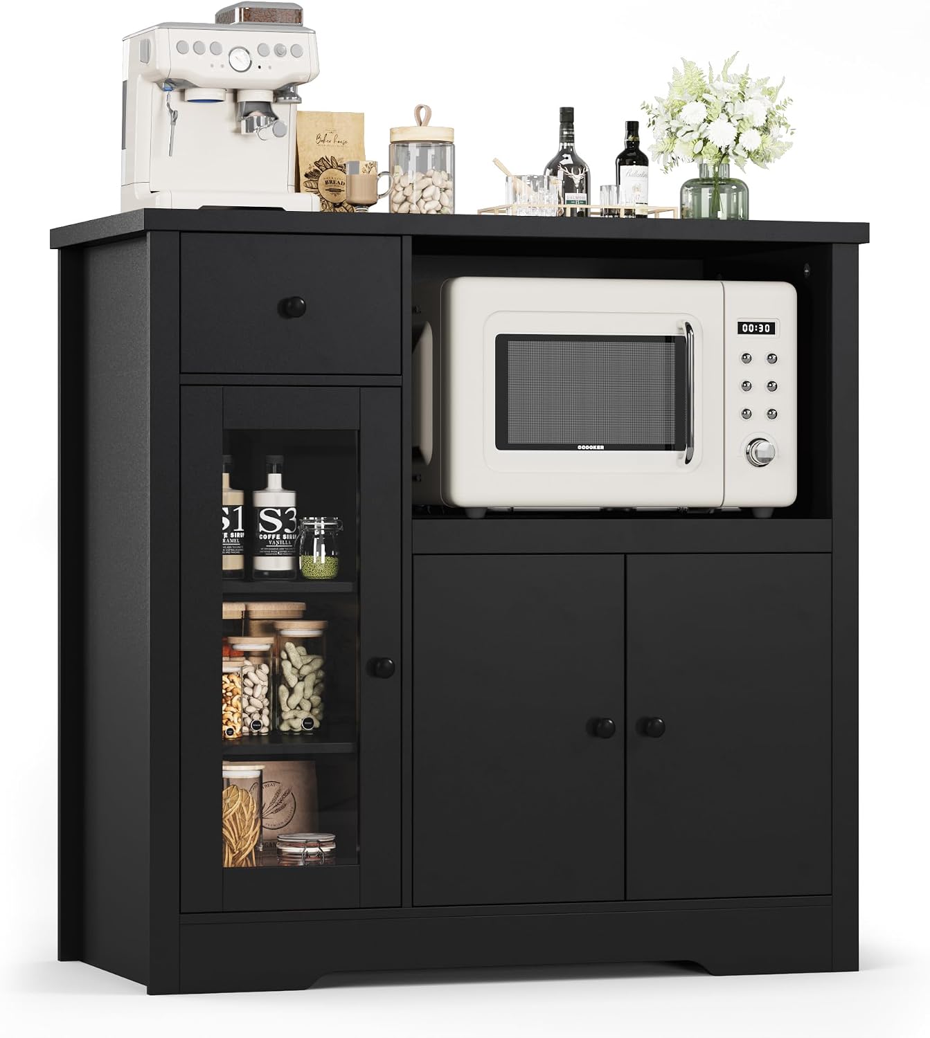 Assile Black Modern Microwave Cabinet with Glass Doors Drawers Adjustable Shelf and Wide Top