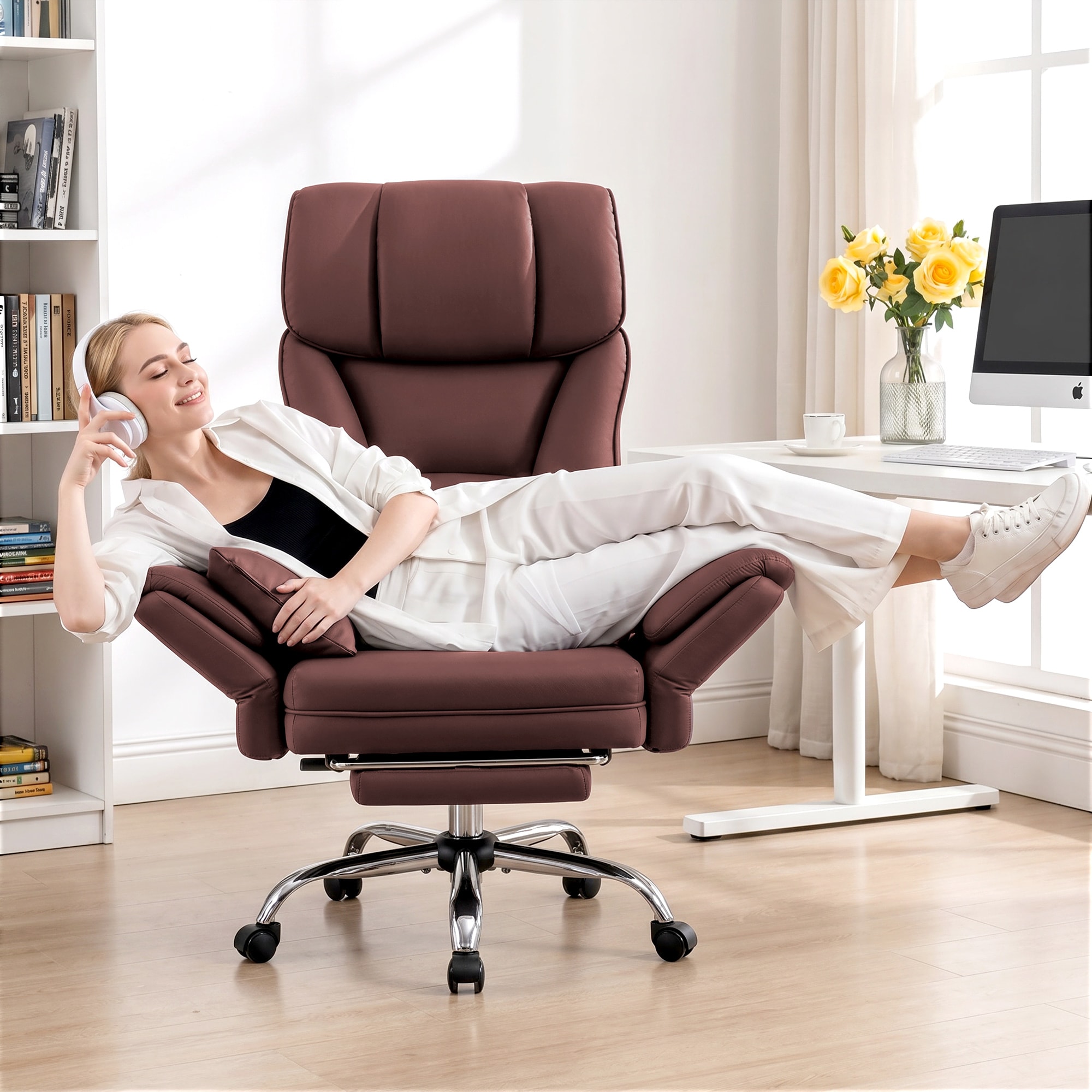 KERDOM  Big and Tall Office Chair 500LBS Velvet Cross-leg Office Chair in with Flip-p Armrests Ergonomic Swivel Executive Chair with Footrest Pink
