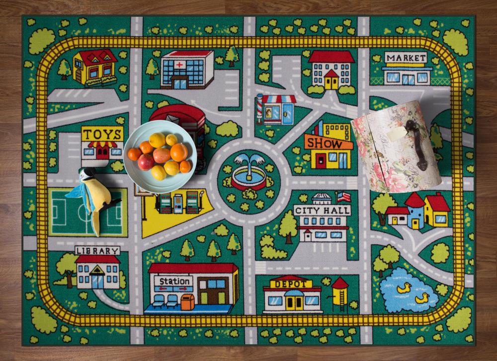 Green Synthetic Kids Educational City Life Road Area Rug 5' x 7'