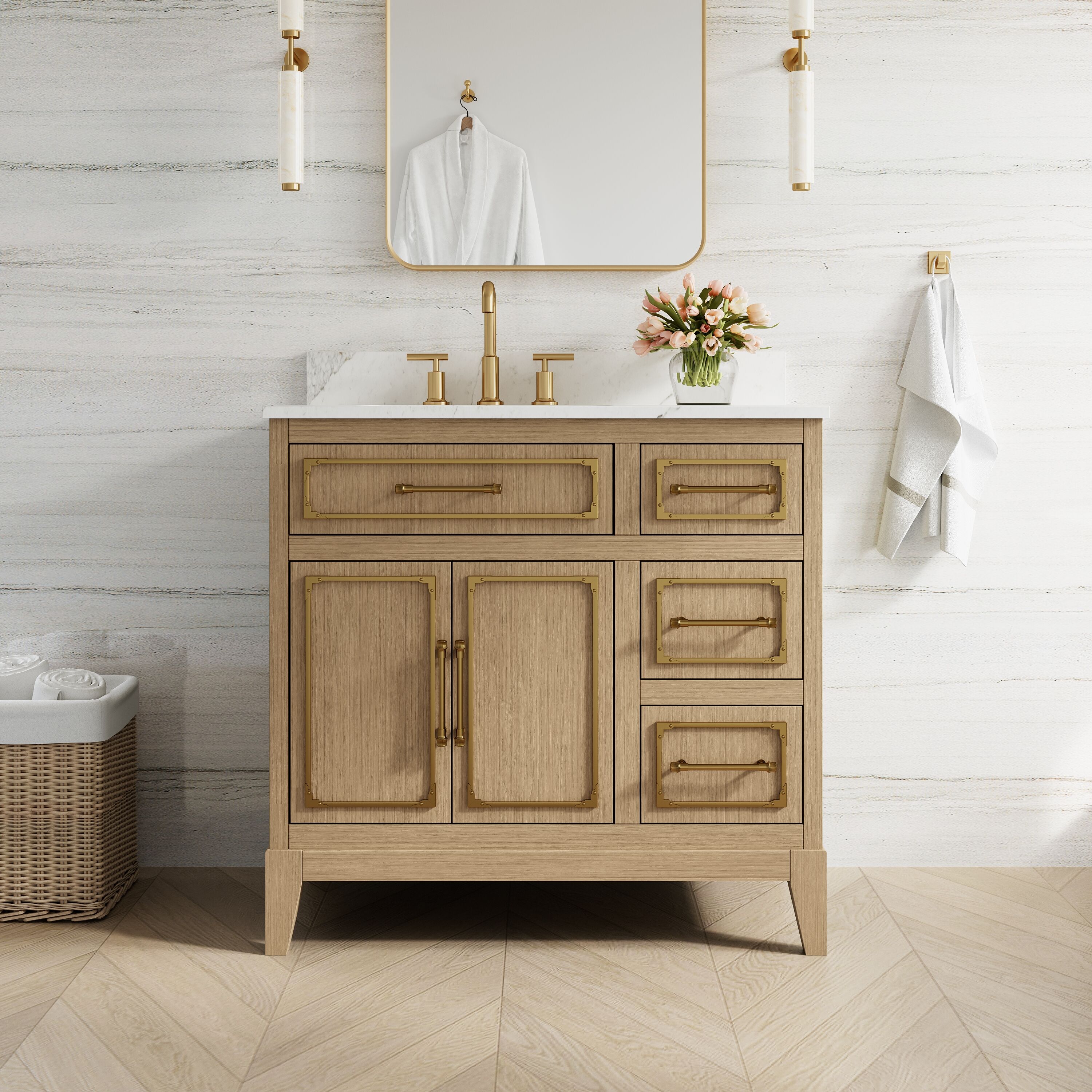 ANGELES HOME  36-in Freestanding Solid Oak Bathroom Vanity With Calacatta Quartz Countertop And Undermount Ceramic Single Sink(Fully Assembled)