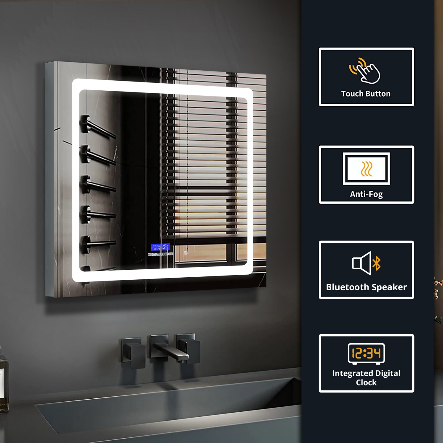 Lexora Bracciano 36-in x 36-in Lighted LED Fog Free Surface Mount Gray Mirrored Soft Close Medicine Cabinet