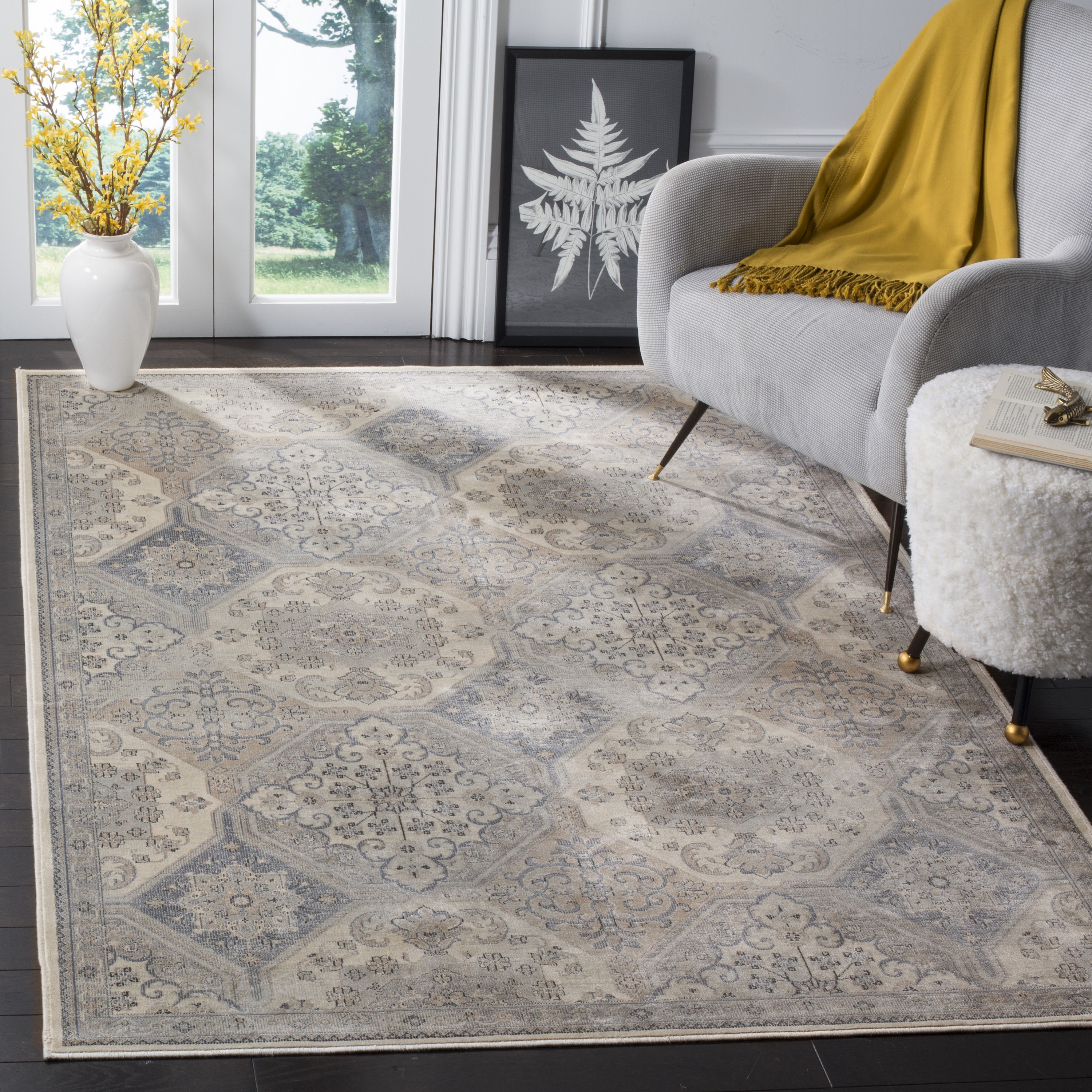 Safavieh VTG128-7440-6SQ Vintage Rosine 6 x 6 (ft) Loomed Synthetic Cream/Blue Square Indoor Floral/Botanical Vintage Area rug