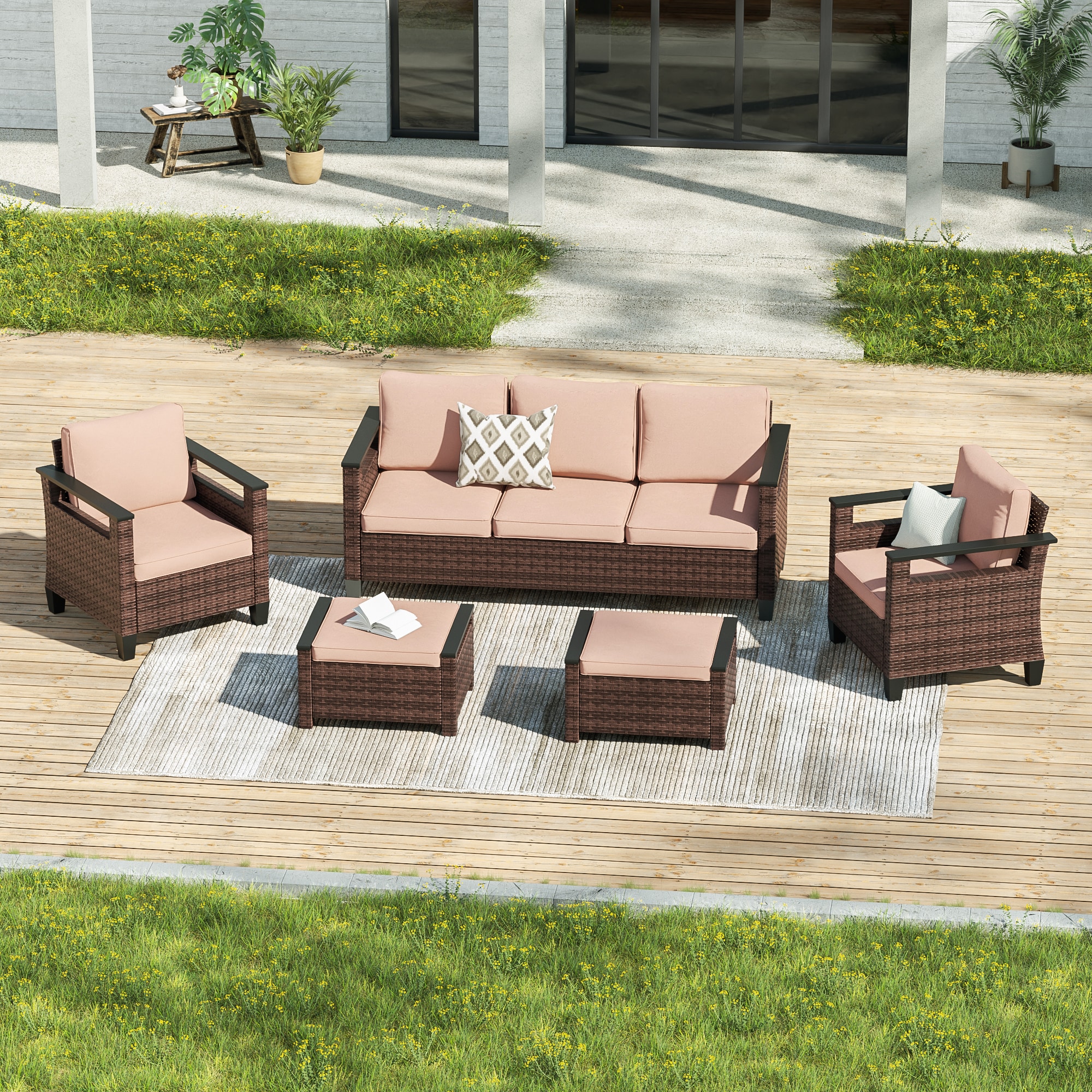ACEGOSES LW-PS-126BSD Skytop 5 -Piece Wicker Patio Sofa Conversation Set with Beige Cushions