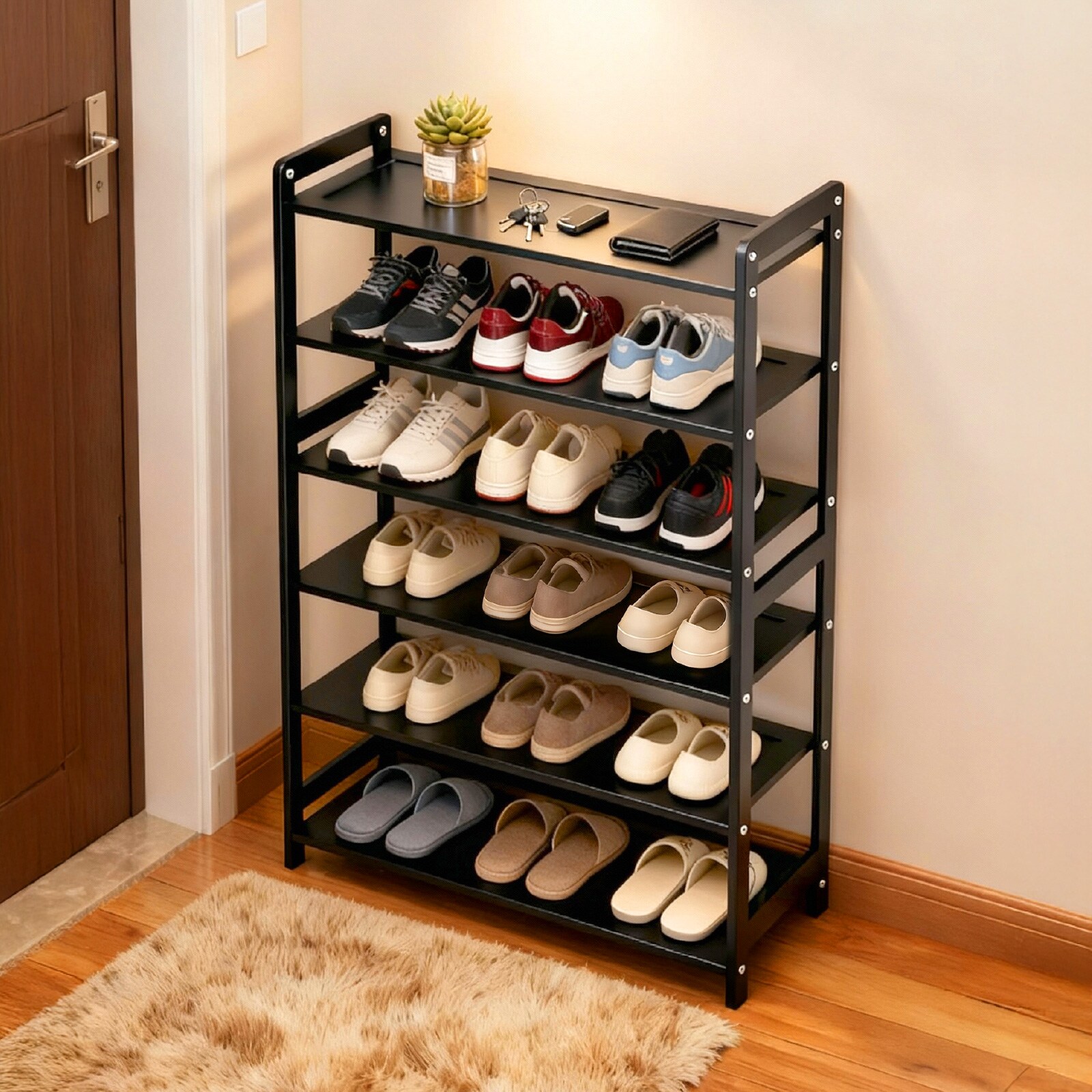 Bestcore 6-Tier Bamboo Shoe Rack 26.8-in x 9.84-in x 35.4-in Freestanding Shoe Organizer with Side Handles for Entryway Closet Black