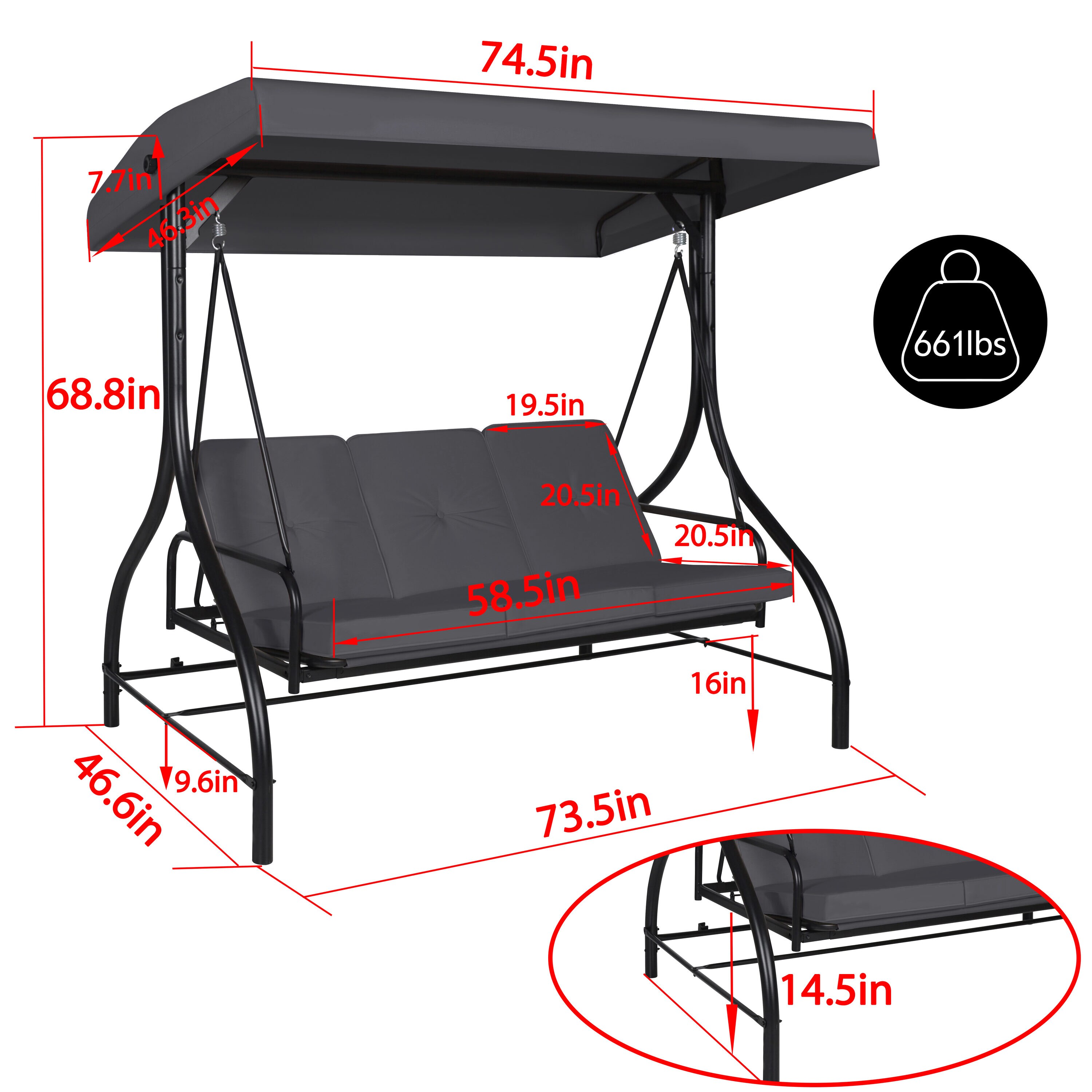 VEIKOUS 2-In-1 Convertible Swing 3-person Gray Steel Outdoor Swing In ...