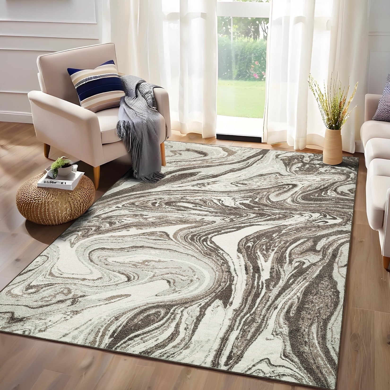 9x12 Modern Abstract Area Rug Machine Washable Stain Resistant Low Pile Non-Slip Indoor Rug for Living Room Bedroom Dining Office Camel