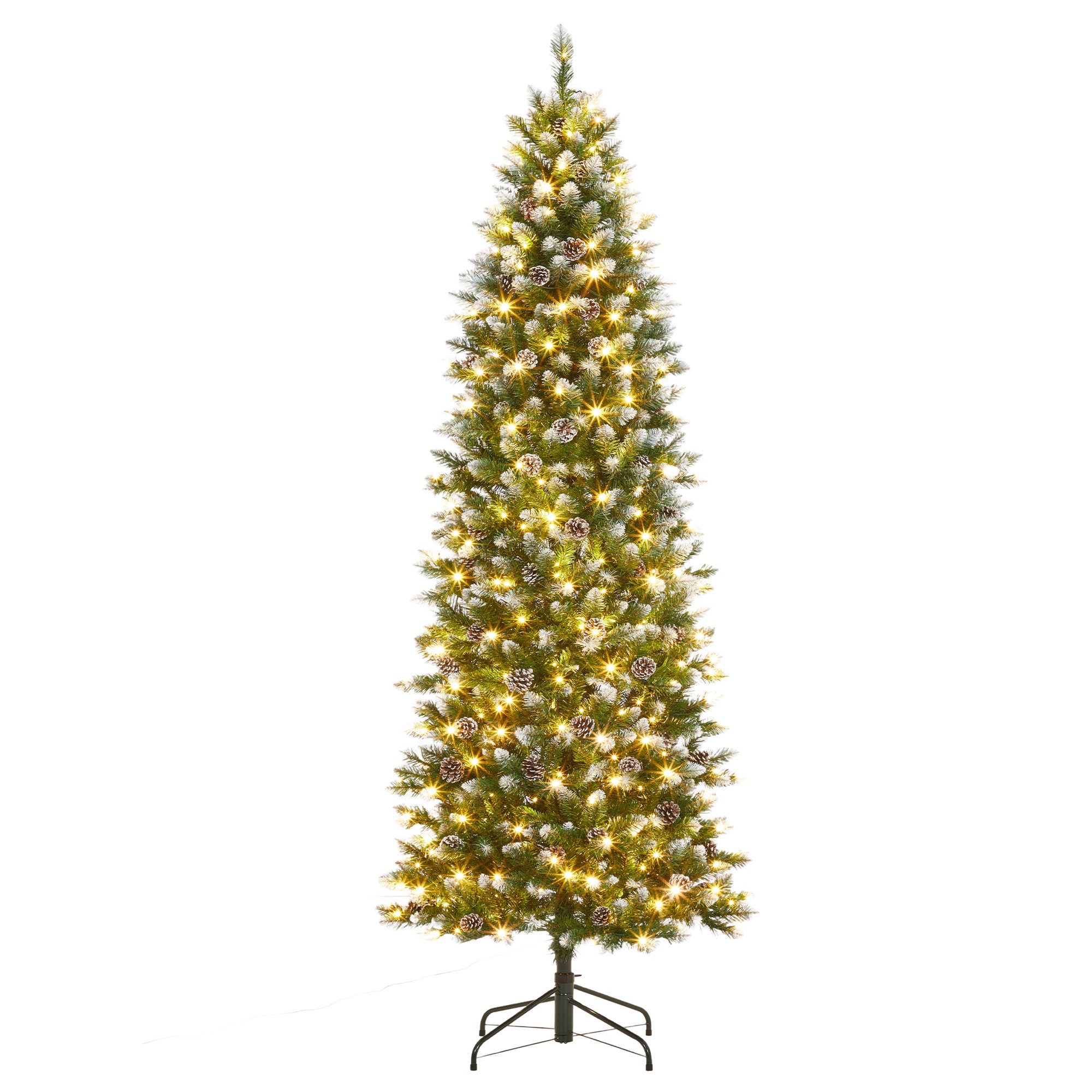 IdealHouse 12 ft Pre-Lit Pencil Christmas Tree - Slim Flocked Artificial Xmas Tree with Pine Cones and Metal Stand - Indoor Outdoor Holiday Decor