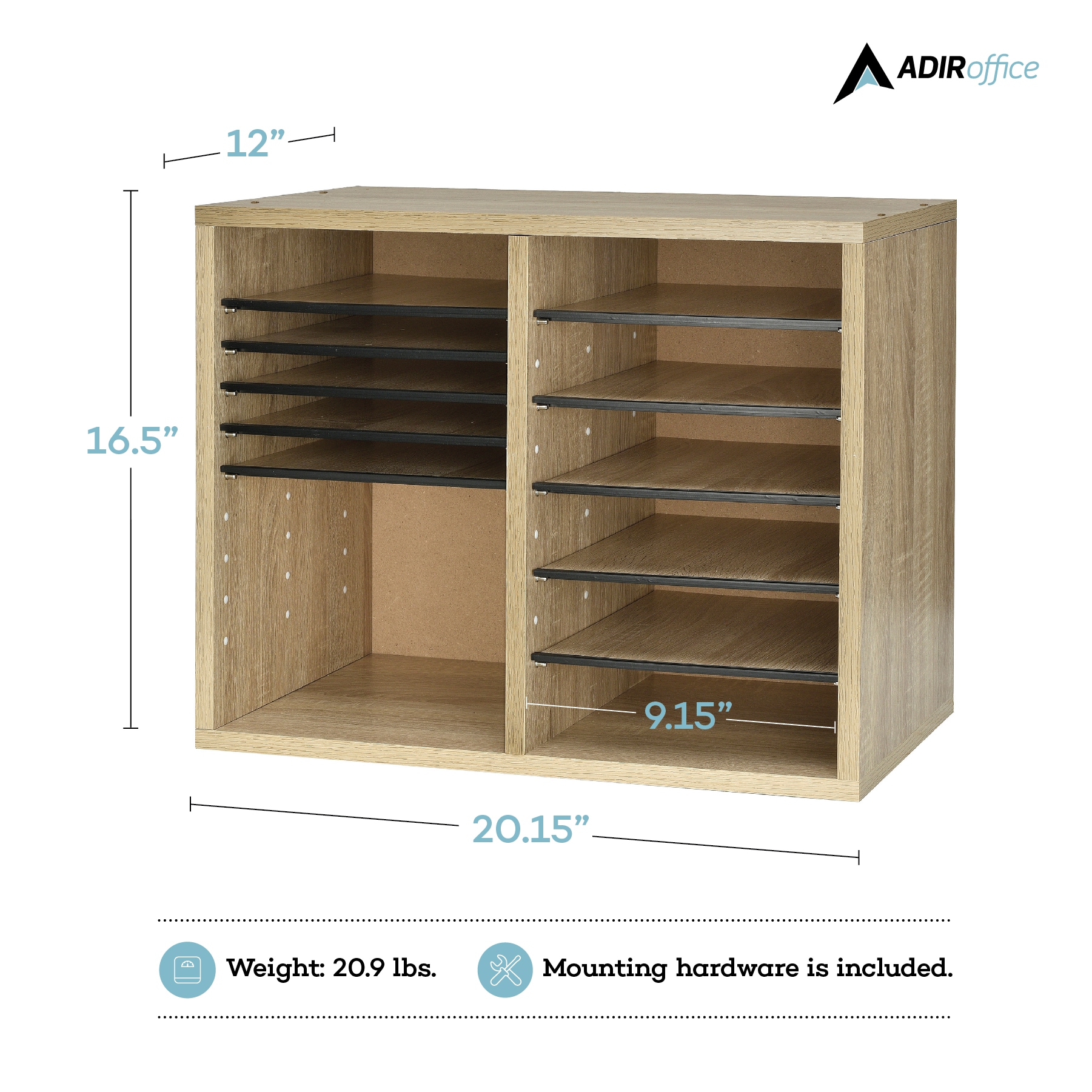 Medium Oak MDF 12-Compartment File Organizer in Brown
