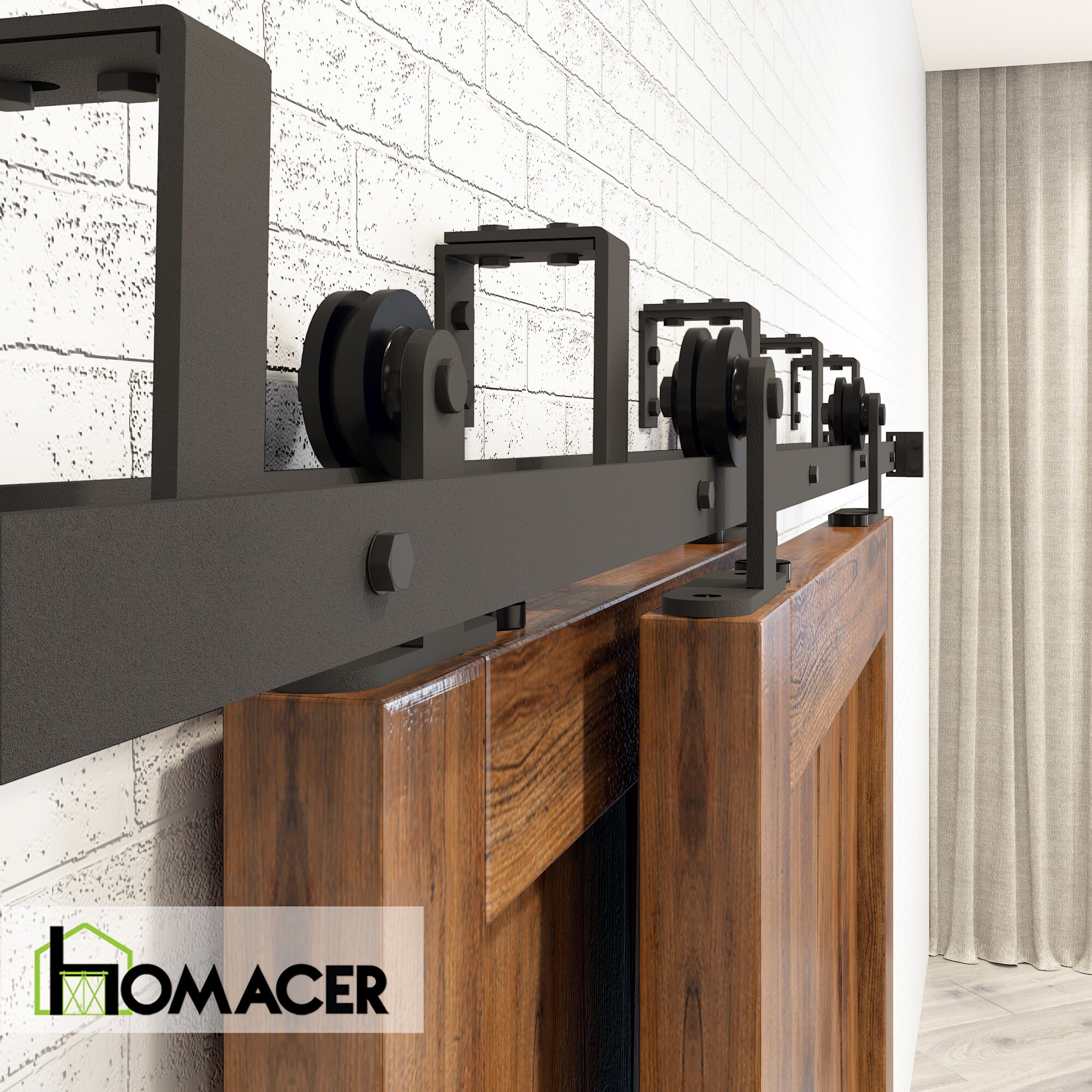 HOMACER 54-in Black Rustic Double Track Bypass U-Shape Sliding Barn Door Hardware Kit - T-Shape Design Roller