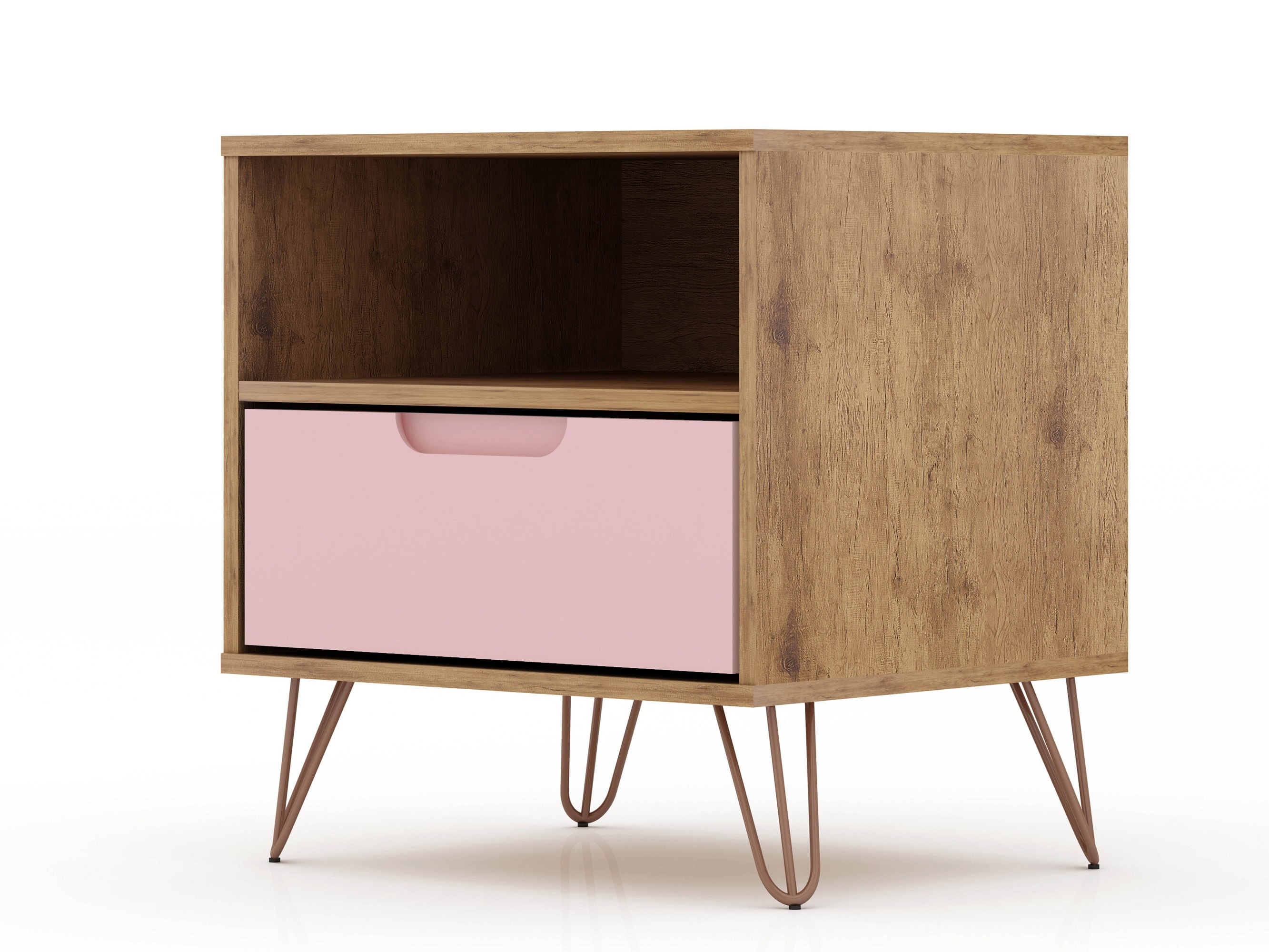 Mid-Century Rose Pink & Natural Nightstand with Metal Legs