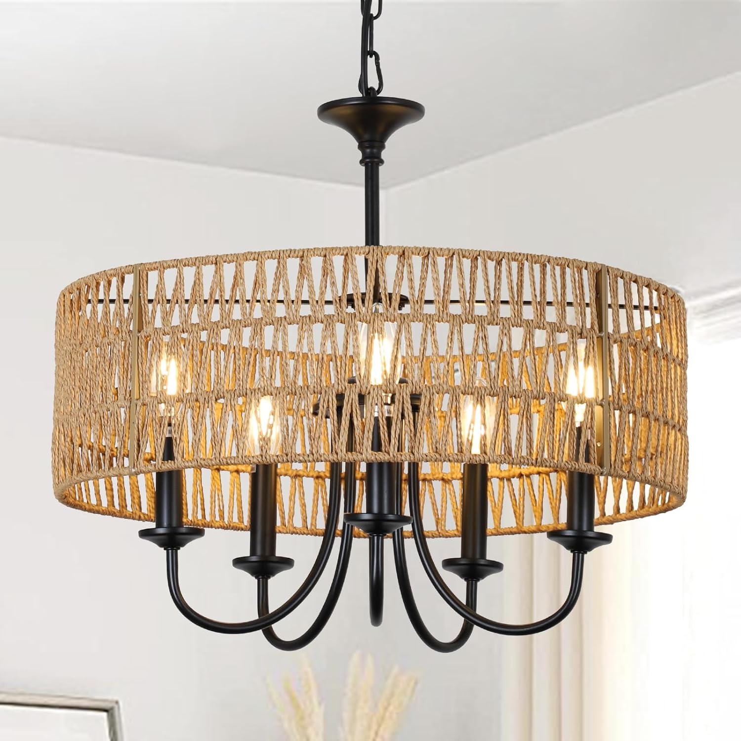 LOVMOR SFRW2738P185434 Modern Farmhouse Chandelier Light Fixtures 5 Lights Large Rattan Pendant Lighting with Hand Woven Wicker Shade