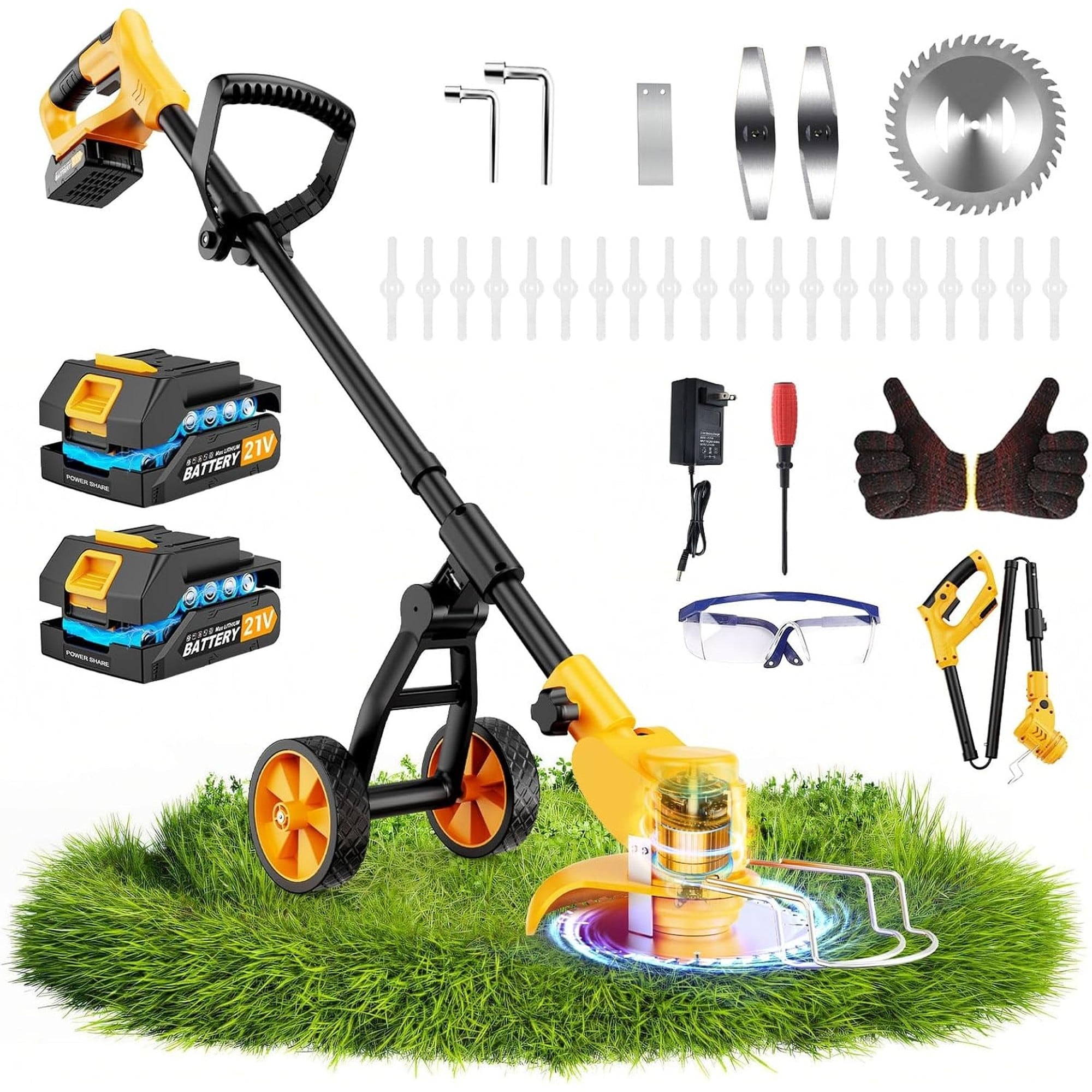 Angel Sar Electric Weed Wacker Cordless with Wheels 4 in 1 Grass Trimmer Brush Cutter Grass Edger Lawn Mower with 4000mAh Battery for Garden