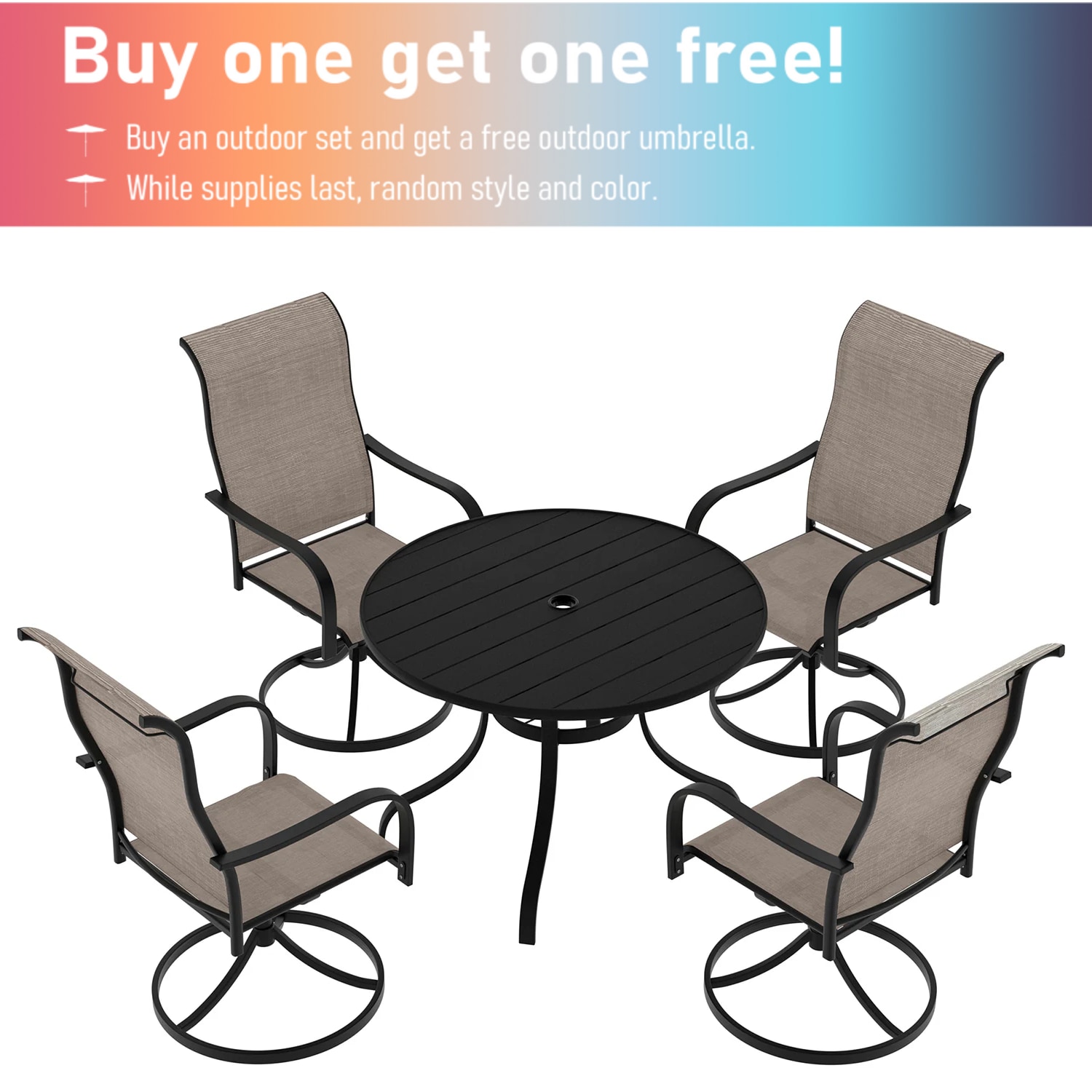 Mondawe MO-C5020T73A 5 -Piece Black Patio Dining Set Iron Round Table with 4 Tan Swivel Chairs and Umbrella Included