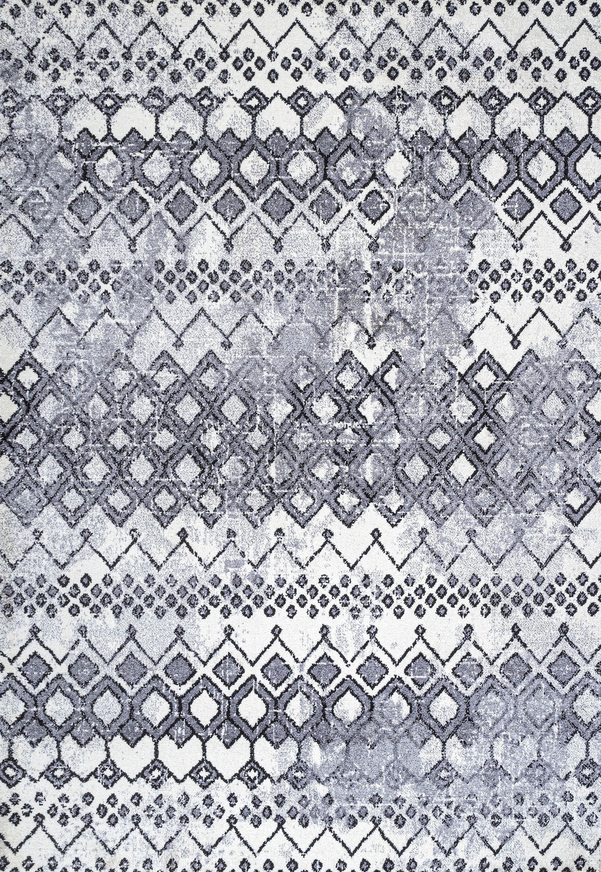 Ivory and Charcoal Moroccan Geometric Distressed Area Rug