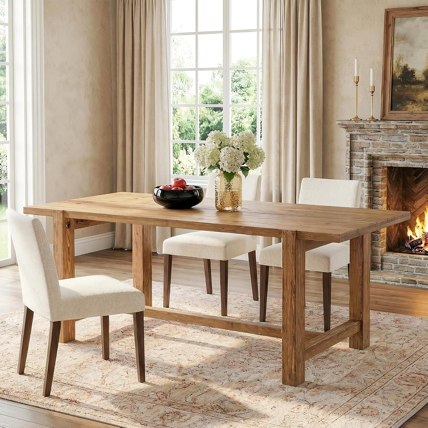 LITTLE TREE - 63-Inch Farmhouse Brown Solid Wood Dining Table for 4-6 People Rectangular Dinner T...