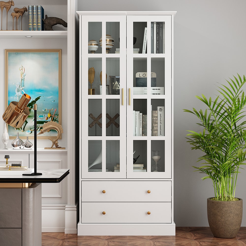 Homsee White Wood Storage Cabinet with 4 Shelves Tempered Glass Doors and 2 Drawers 70.1 in H x 31.5 in W Modern Display and Storage Solution for Living Room Office or Bedroom