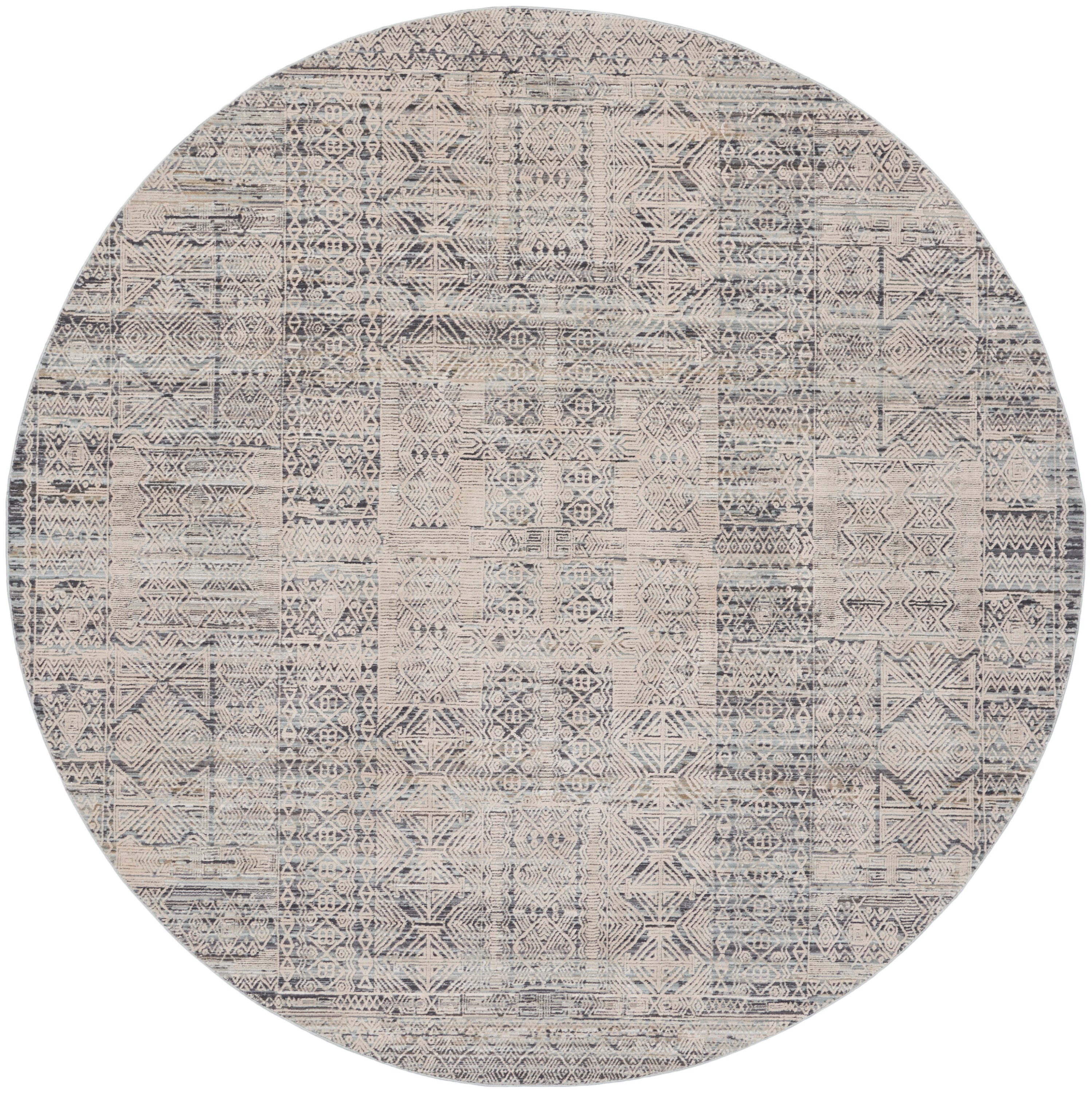 Ivory Blue Bohemian Persian-Inspired Round Rug, 94 in Diameter