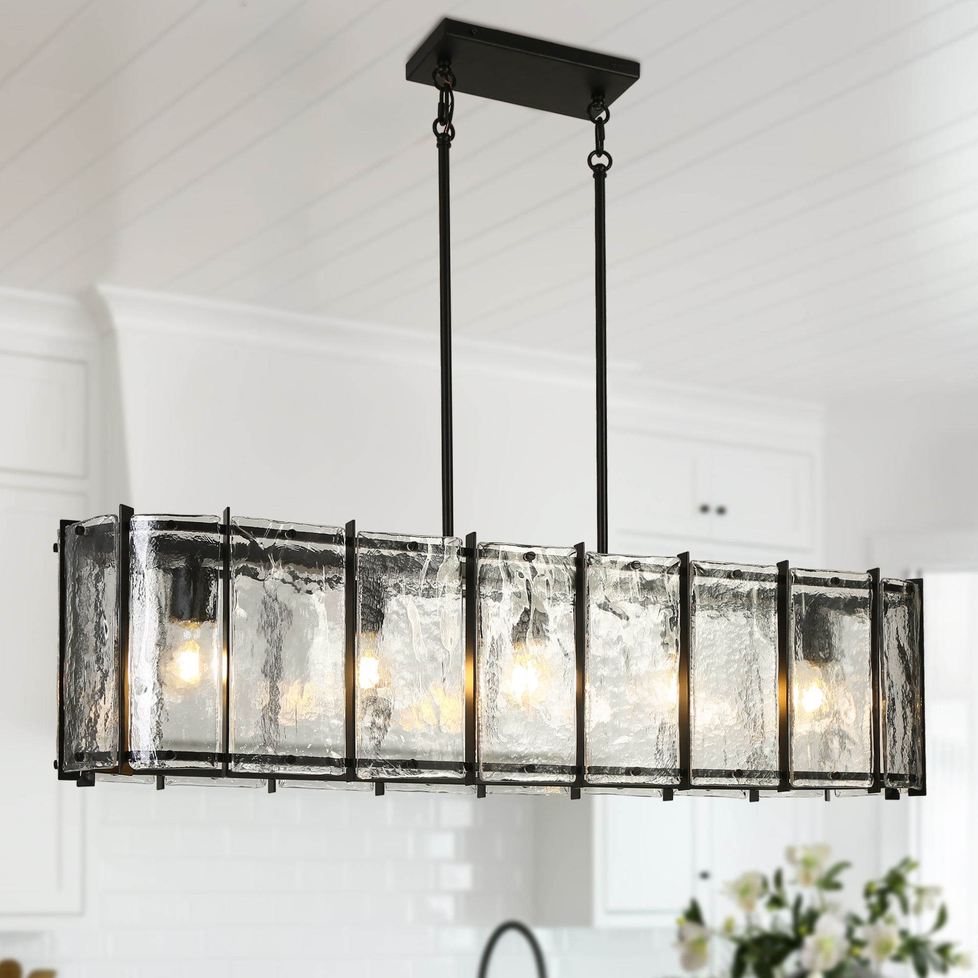 LNC Velmira 5 -Light Matte Black Crystal Clear glass Metal Chandelier #NQ2AZQLWS13001B9