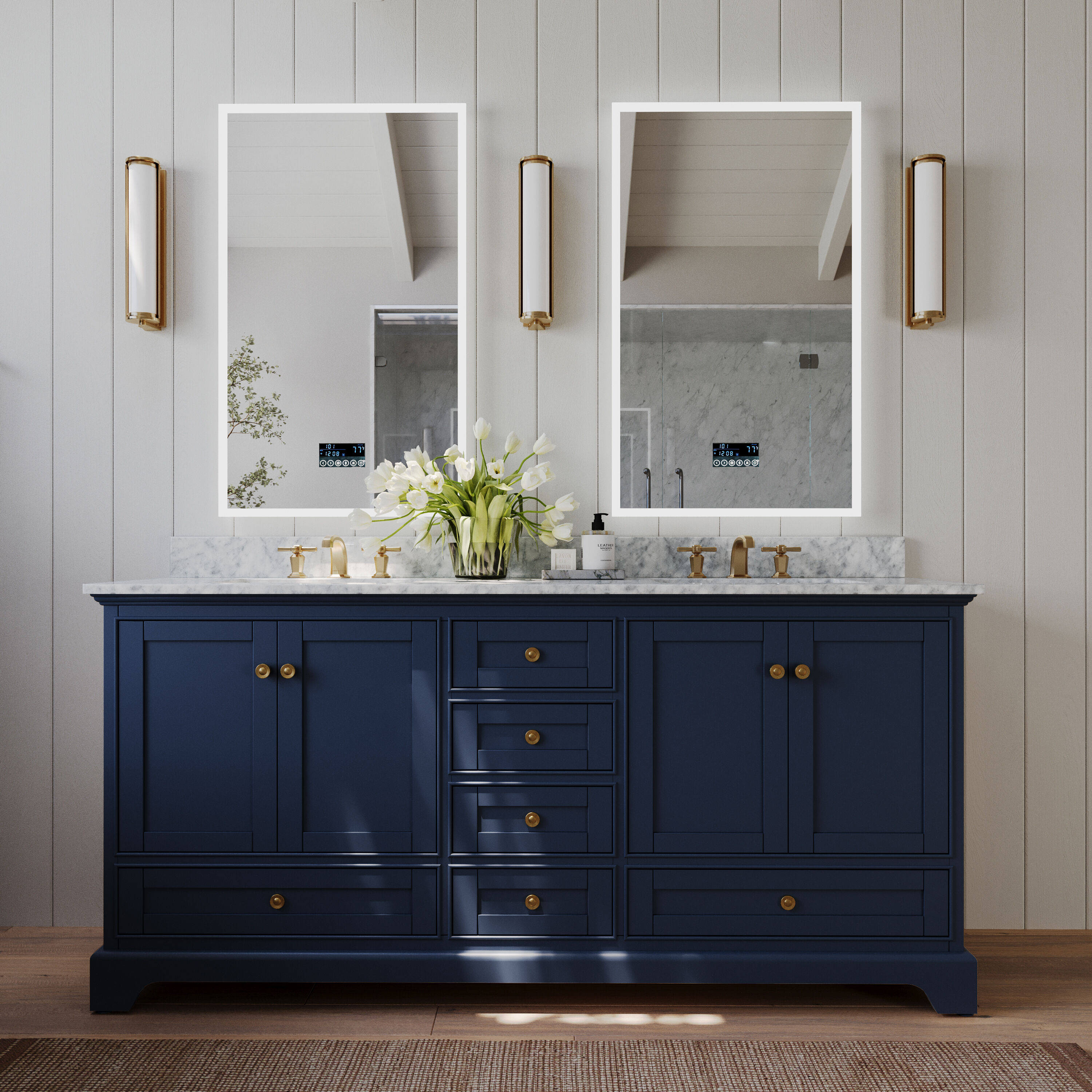 Ancerre Designs VTSAUDREY72HBCWGD Audrey 72-in Heritage Blue Undermount Double sink Bathroom Vanity with Carrara White Natural marble Top